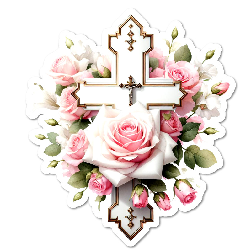 Pink Roses & White Cross Christian Vinyl Sticker Waterproof Floral Glossy Decal