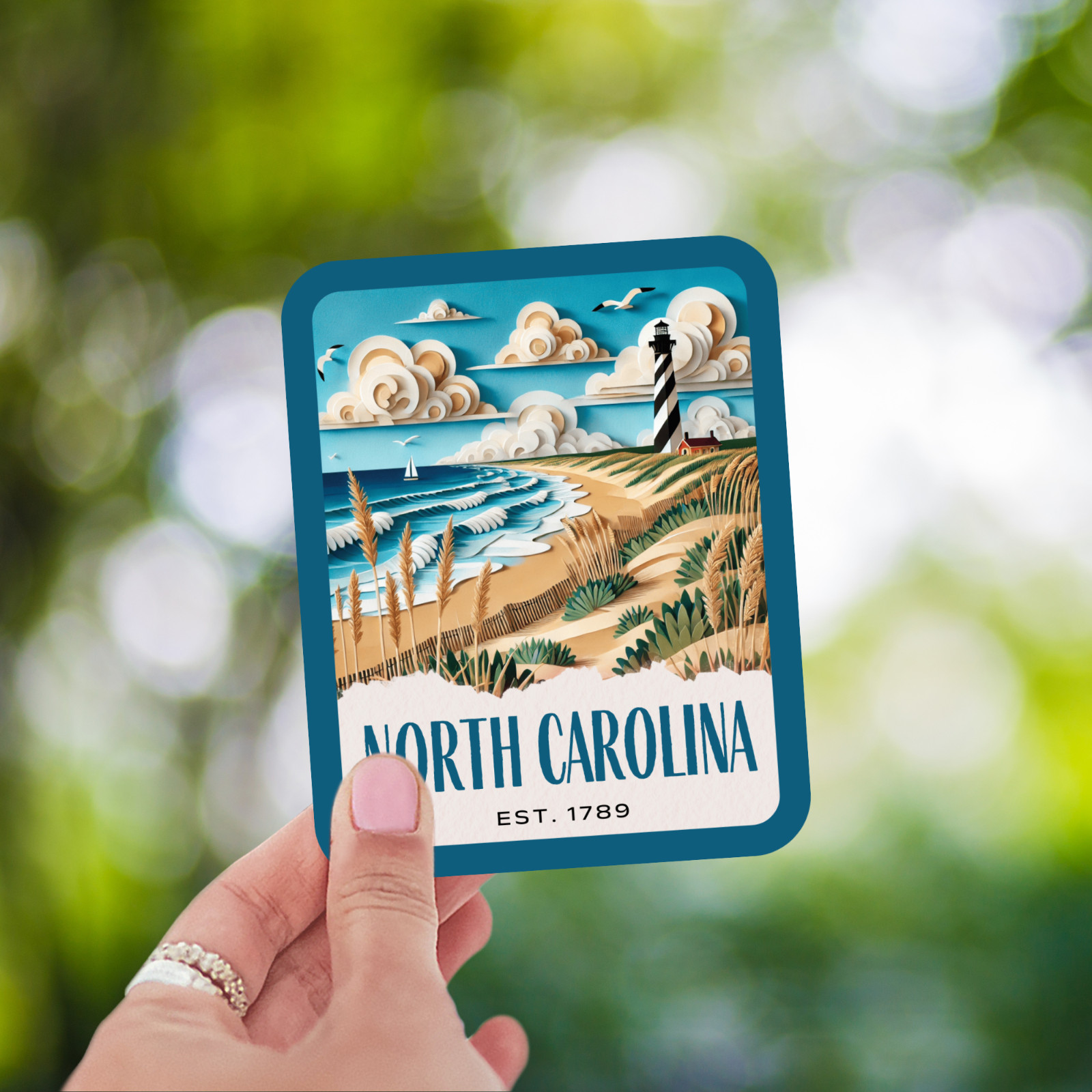 North Carolina State Sticker, Paper Collage Look, Cape Hatteras Vinyl Decal