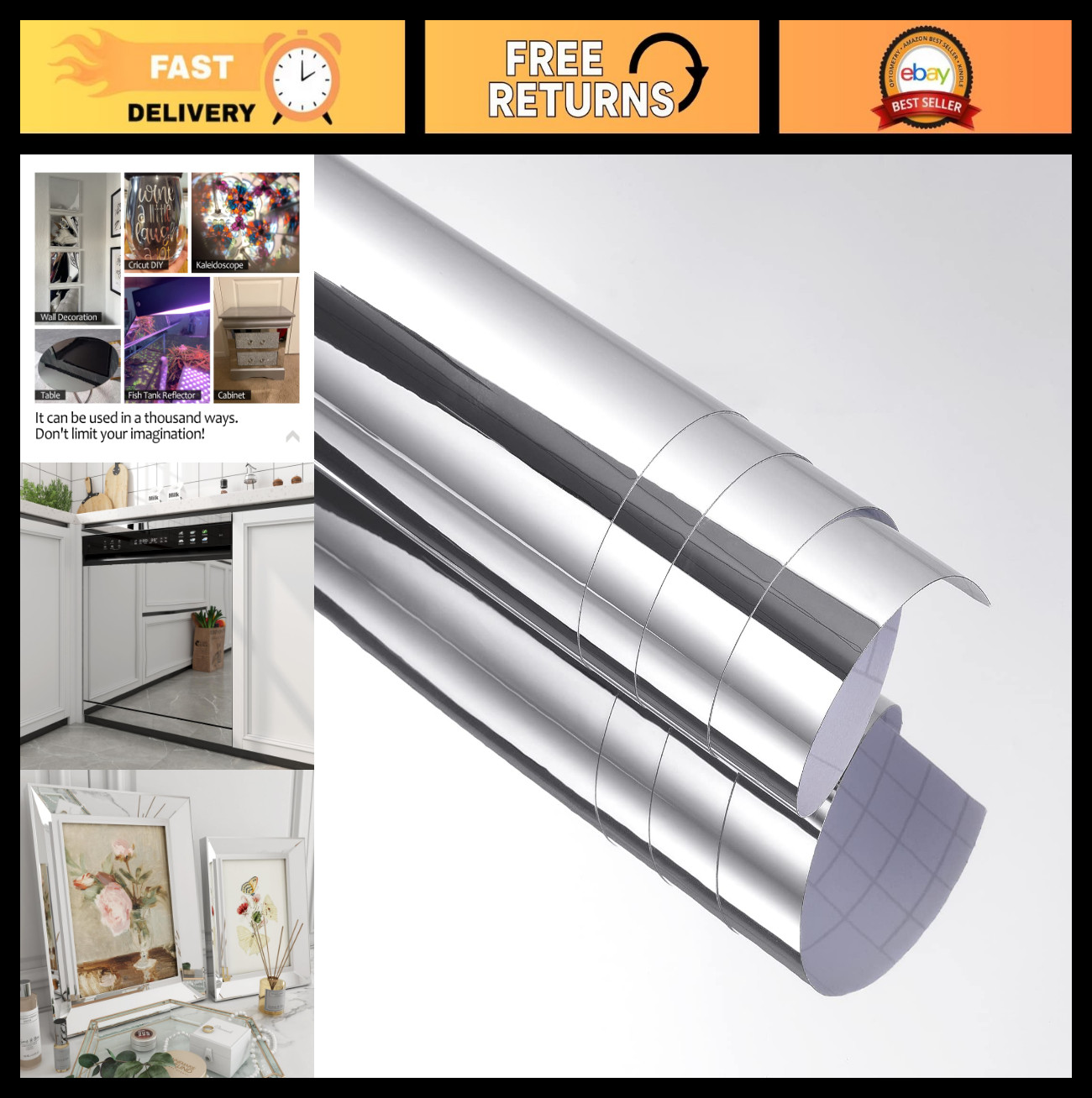 Large Flexible Mirror Stickers 24"x160" Self-Adhesive Wall Decor Peel & Stick Re