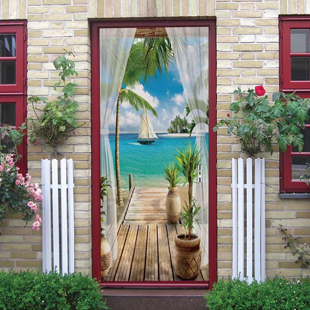 3D Wall Art Summer Beach Palm Trees Door Sticker Decal Self-adhesive Wrap Mural