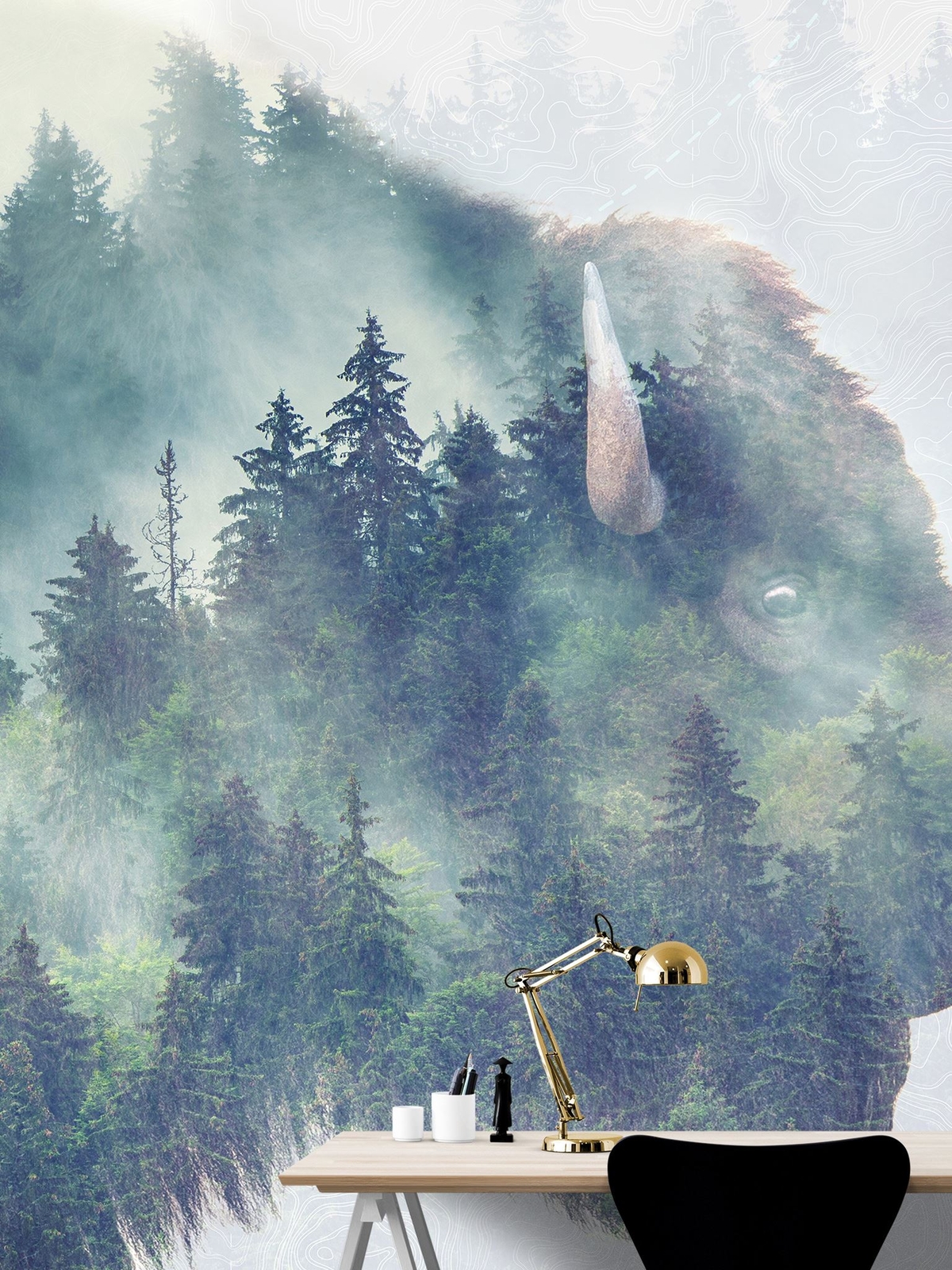 Foggy Mountain Forest View with Bison Buffalo Overlay Natural Scenery Wall Mural