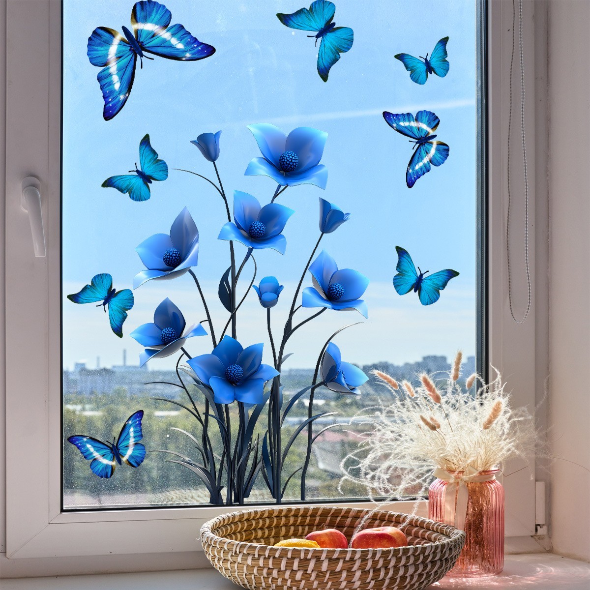 Waterproof Blue Flower Butterfly Window Cling PVC 11.81×23.62in Reusable Design