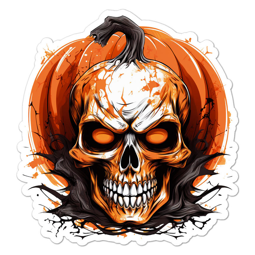 Halloween Pumpkin Skull, Vinyl Decal Sticker, Indoor Outdoor, 3 Sizes, #11135