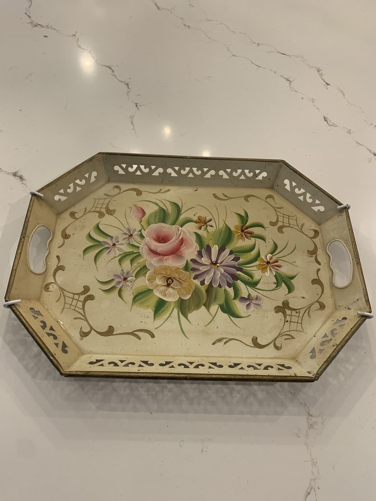 Vintage 1940’s Floral Hand Painted Metal Tray Handled Toleware Wall Art 18”