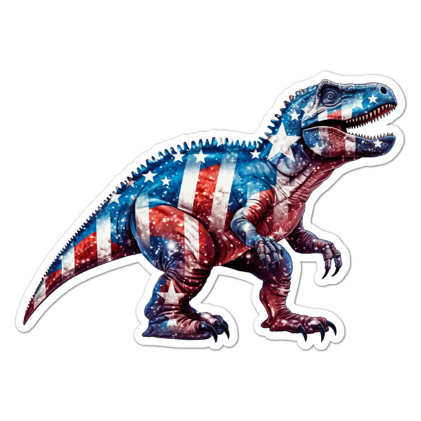 T-Rex Dinosaur USA Flag, Vinyl Decal Sticker, Indoor Outdoor, 3 Sizes, #9371