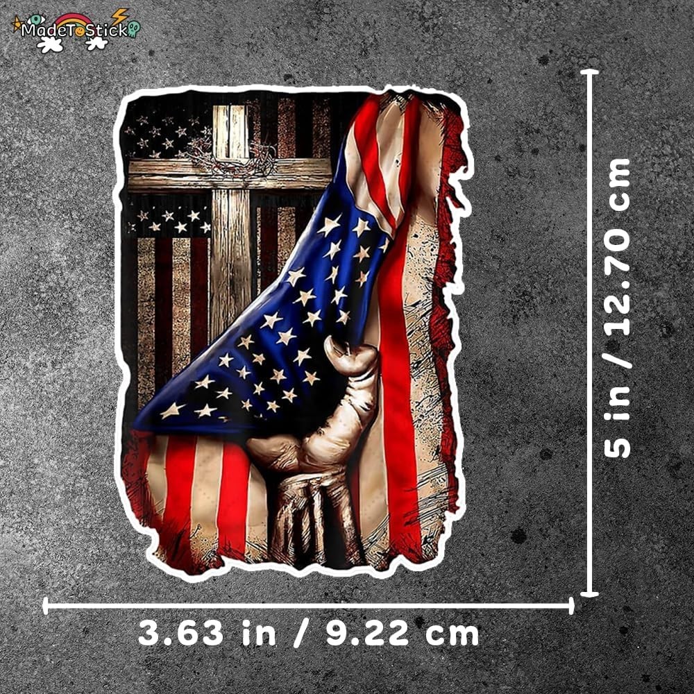 Christian Cross USA Flag Bumper Sticker Religious Patriotic Vinyl Decal 5 x 3.6"