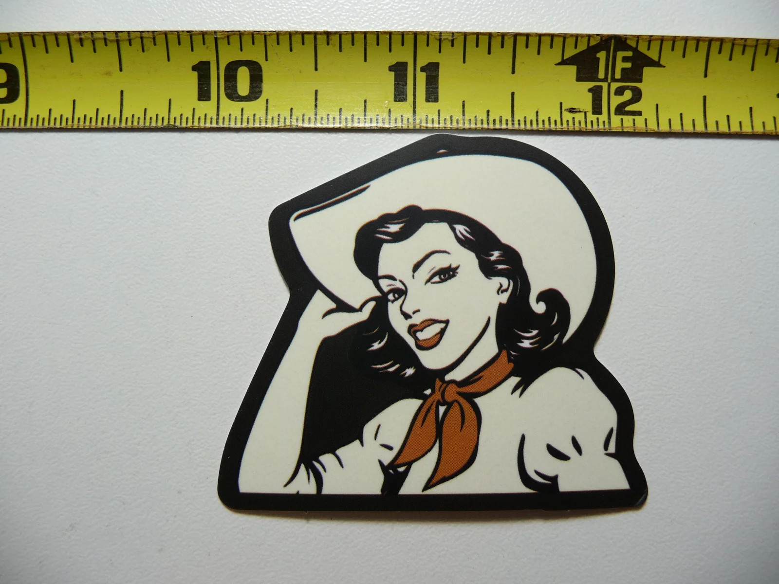 HAPPY FRIENDLY COWGIRL HOLDING HAT SMALL STICKER DECAL COUNTRY WESTERN THEME