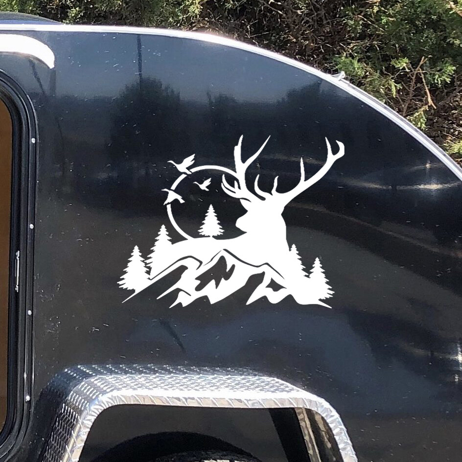 Deer Mountain Bird Scene Custom Vinyl Sticker | Camper Trailer Decals | Die Cut