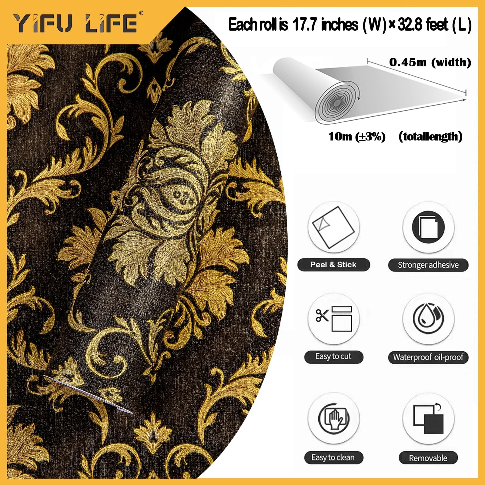Peel and Stick Damask Wallpaper 17.7"×32.8ft Brown/Black Decorative Wall Cove…