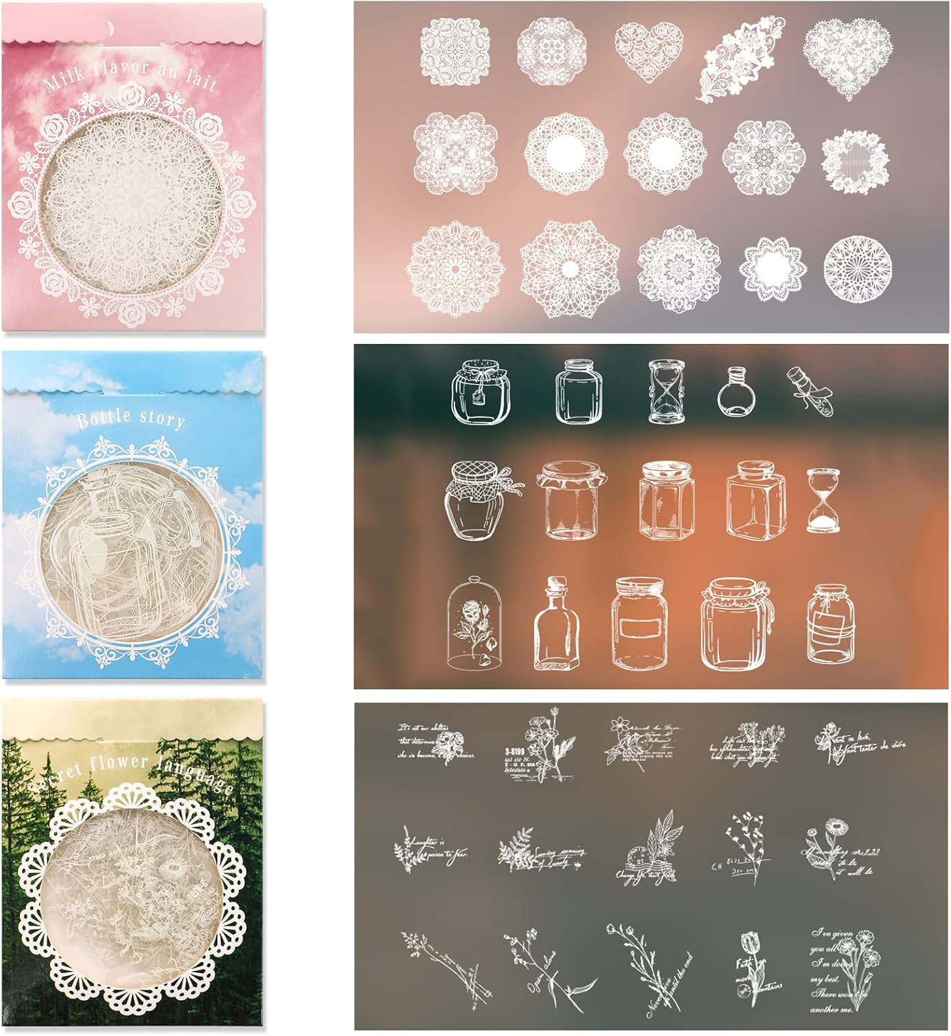 90 Pcs Transparent Lace Stickers,Pet Vintage Decorative DIY Decals White Retro A