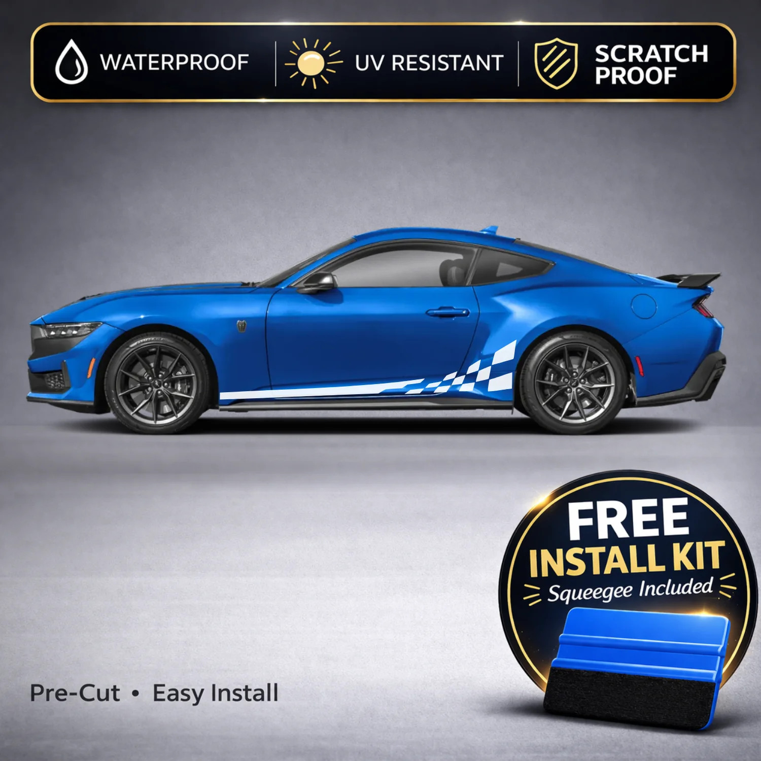 Compatible With Ford Mustang GT Checkered Racing Stripe Decals – Two-Tone Rocker