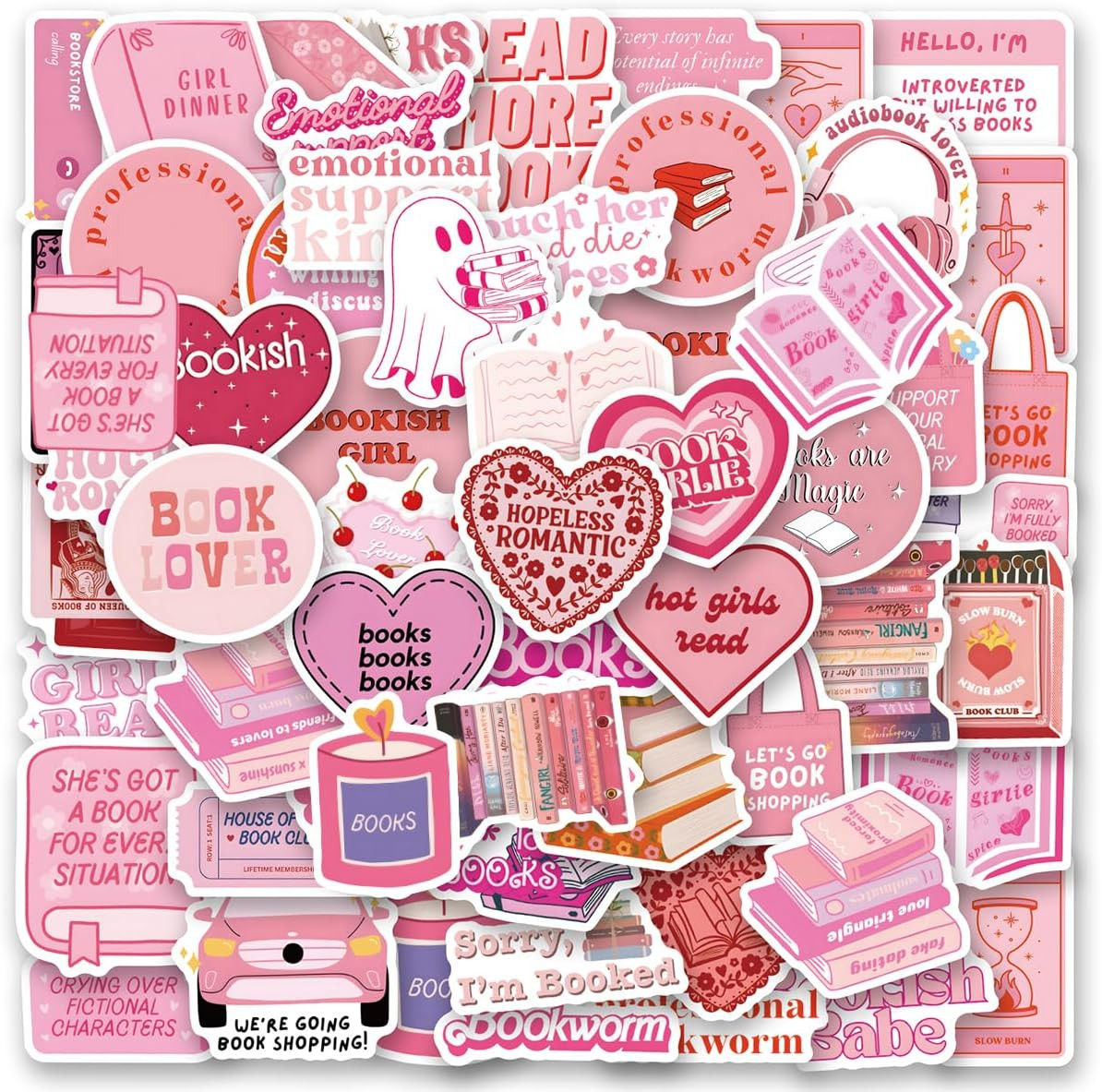 Pink Bookish Stickers, 60 PCS, Vinyl PVC, Waterproof, Rectangular, Decorative