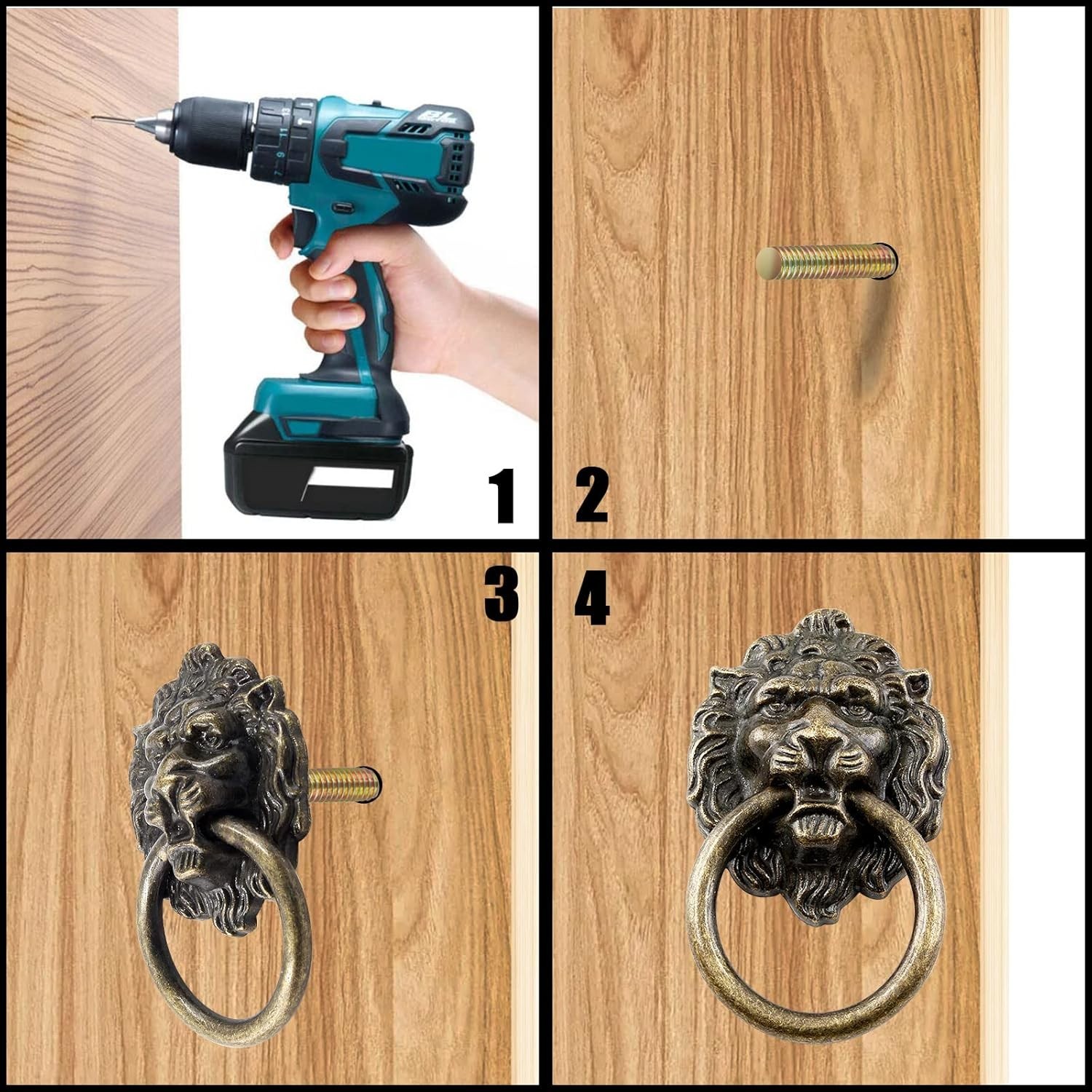 6 Pcs Antique Bronze Lion Head Knobs Pull Handles Drawer Dresser Cabinet Ring Pu