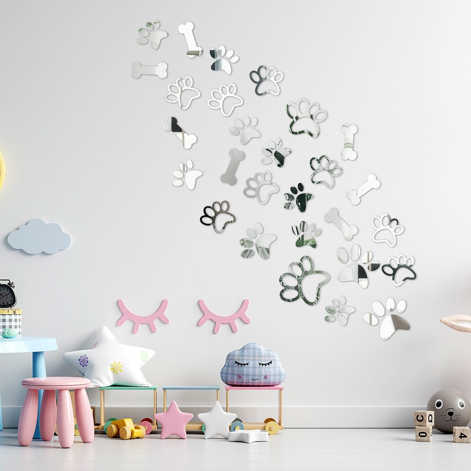 Tenare 42 Pcs Paw Mirror Decals Acrylic Mirror Wall Stickers 3 Sizes Removabl…