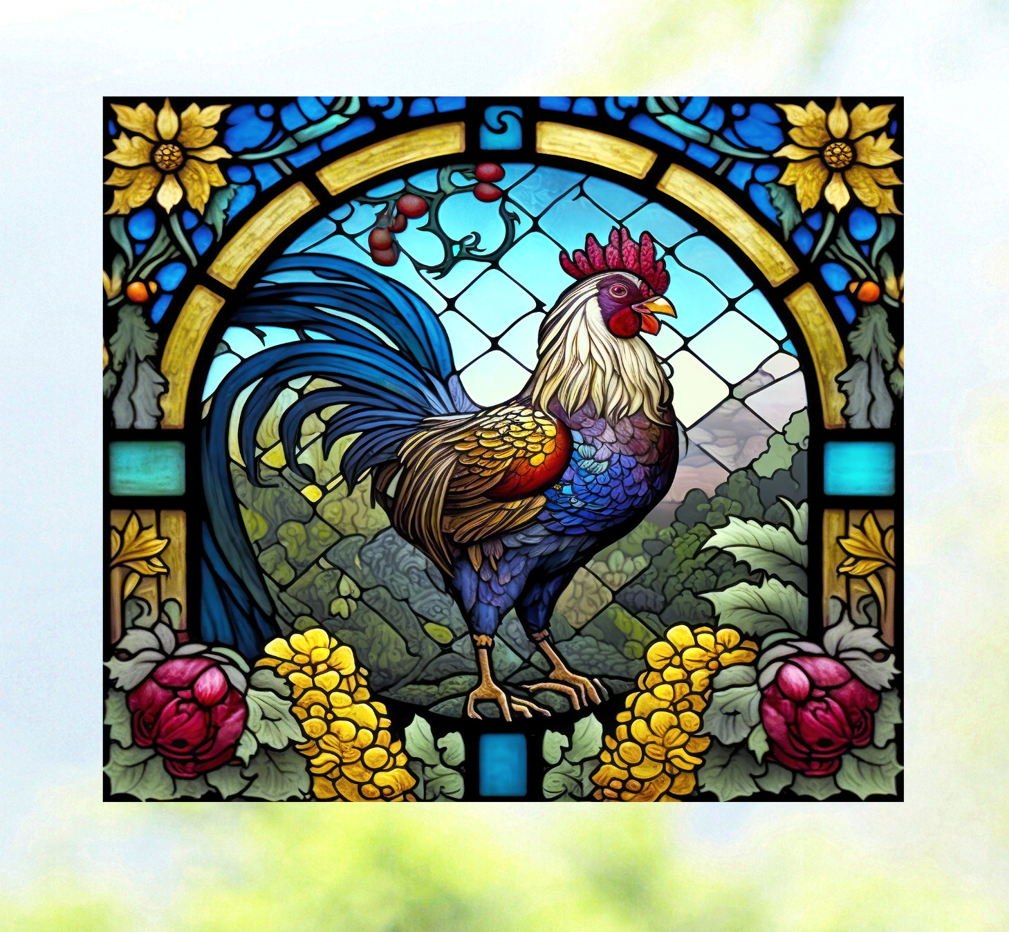 Rooster Faux Stained-Glass WINDOW CLING Size 9" Repositionable Vinyl