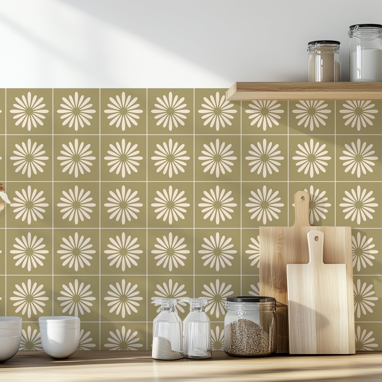 30 Pack, 4×4 Inch Sage Green Tile Decals, Mid-Century Modern Floral Peel and …