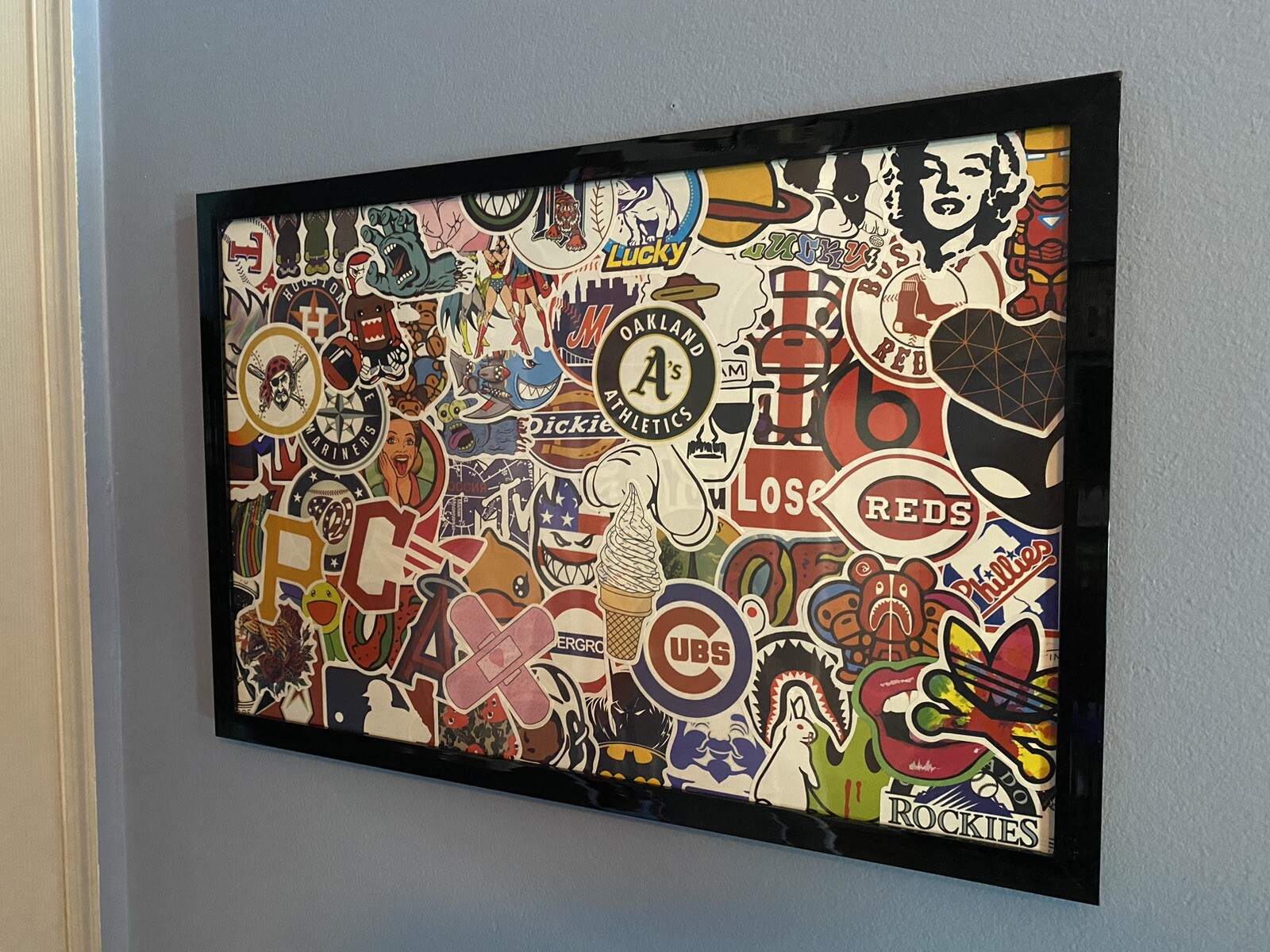 Framed Sticker Art Decal Collage MLB + Random Skate Stickers (11x17in)