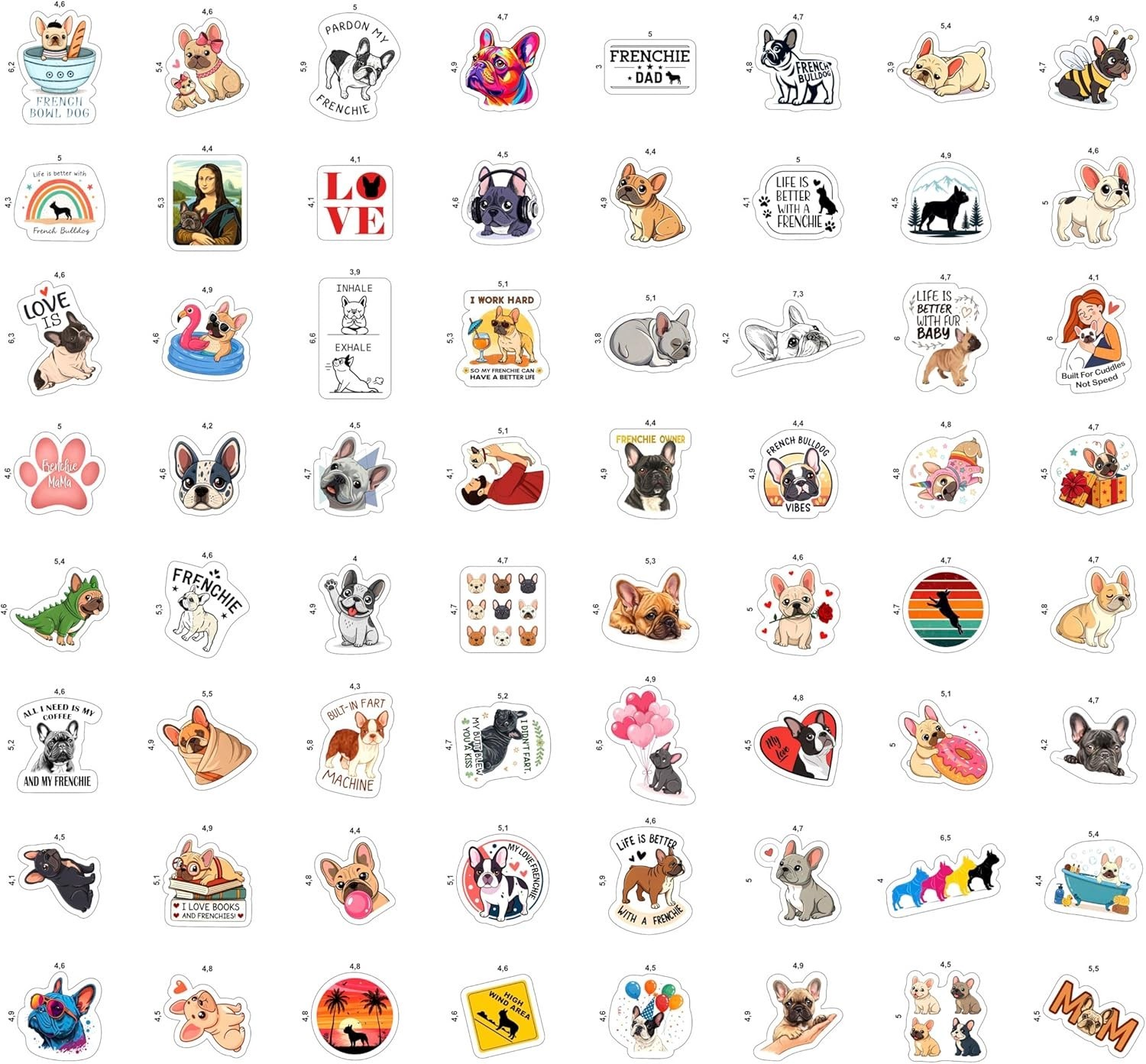 Durable French Bulldog Vinyl Sticker Pack – 100 Waterproof Stickers for All Ages