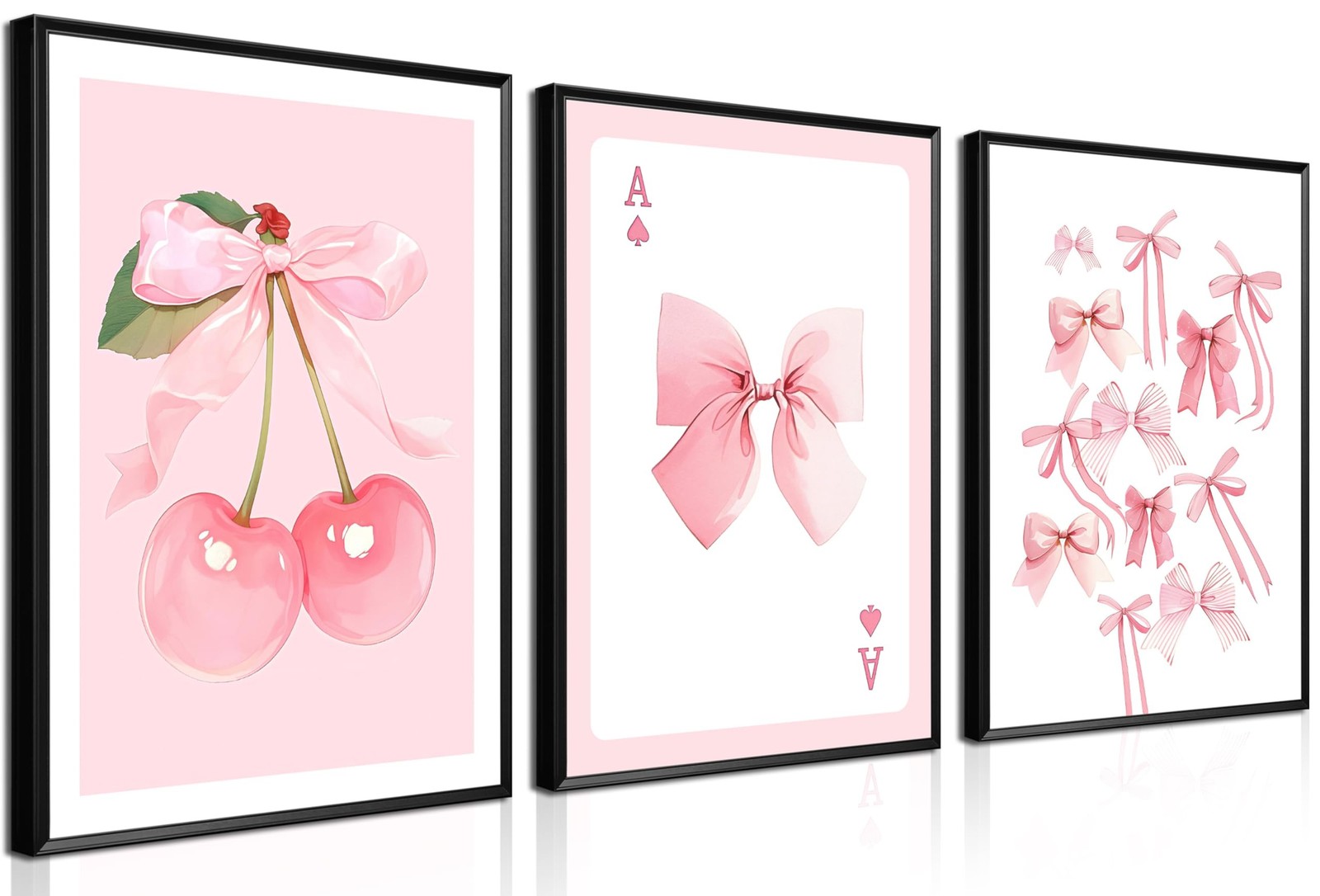 Trendy Pink Bows Posters Wall Art Set of 3, Vintage Preppy Cherry Picture Pri…