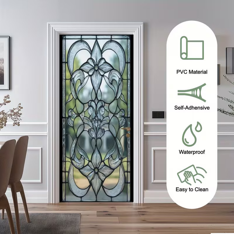Elegant Door Sticker Featuring a Stained Floral Design Not See Through