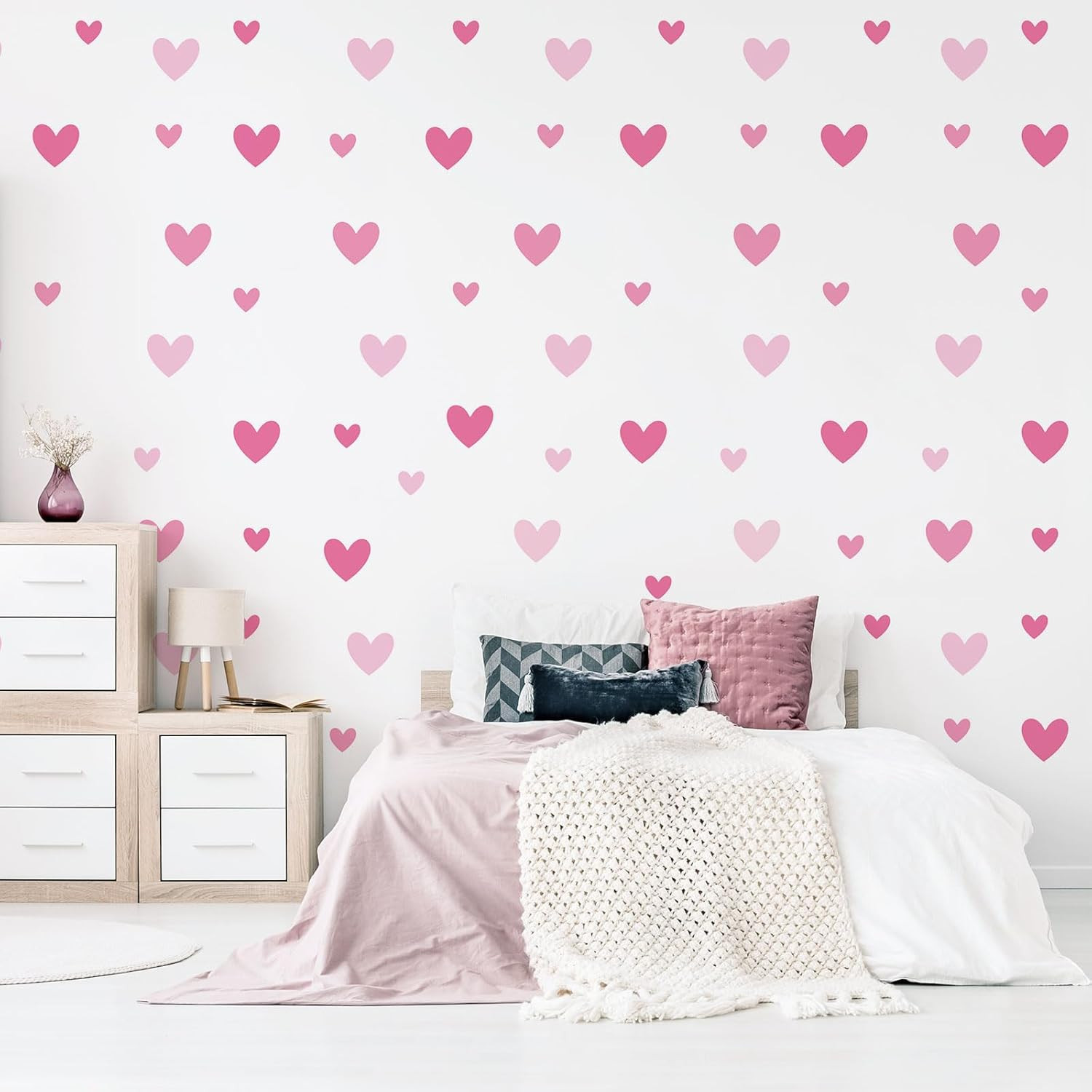 170 Pcs Heart Wall Decals – Peel and Stick Pink Decor for Girl Bedroom, Nursery,
