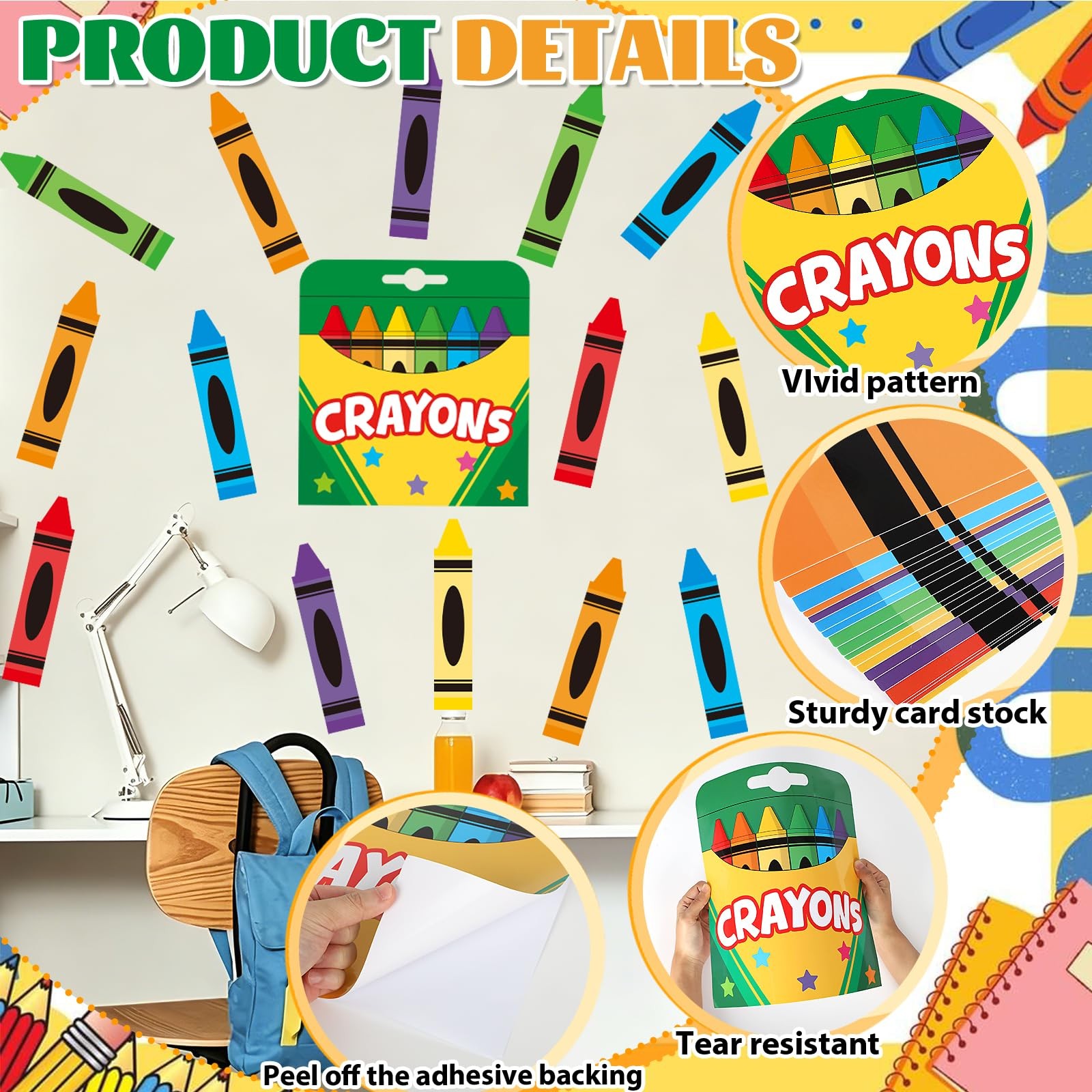 19Pcs Crayon Door Sticker Classroom Door Decoration Back to School Colorful R…