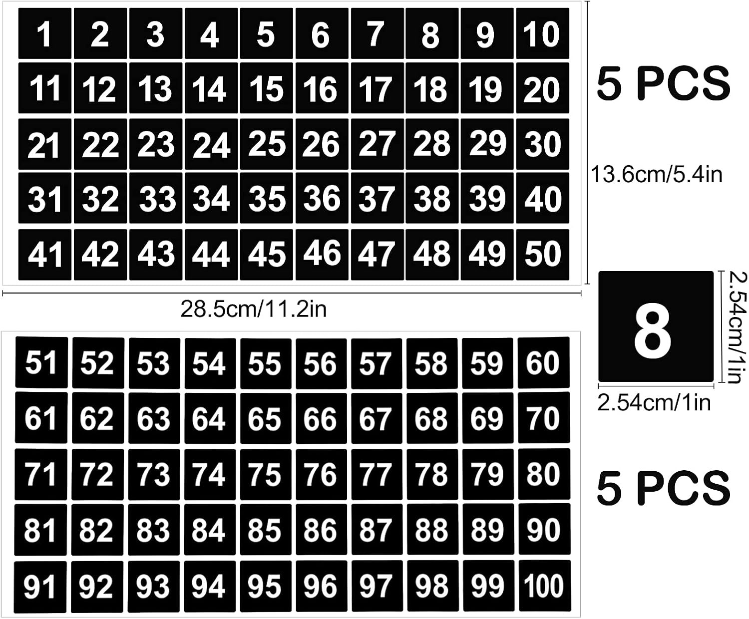 10 Sheets Number Stickers 5 Sets of 1-100 Vinyl Square Number Sticker Waterproof