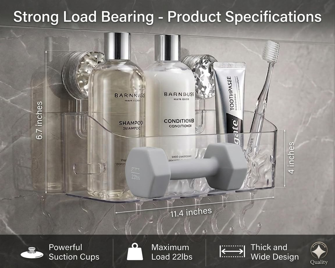 Suction Cup Shower Caddy for Bathroom & Shower, Drill-Free Toothpaste, and Razor