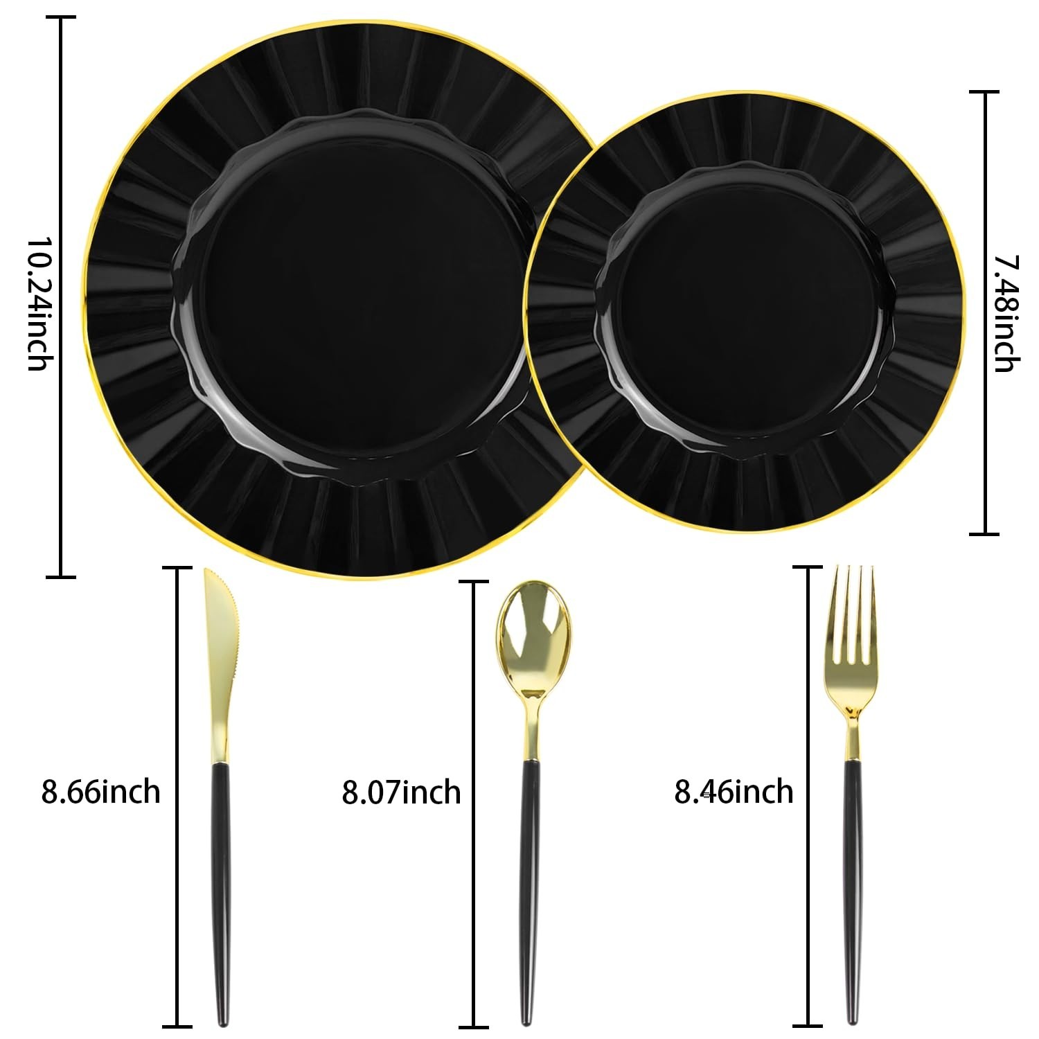 150Pcs Plastic Plates with Gold Rim,Heavy Duty Black Plates for 30 Guests,Pla…