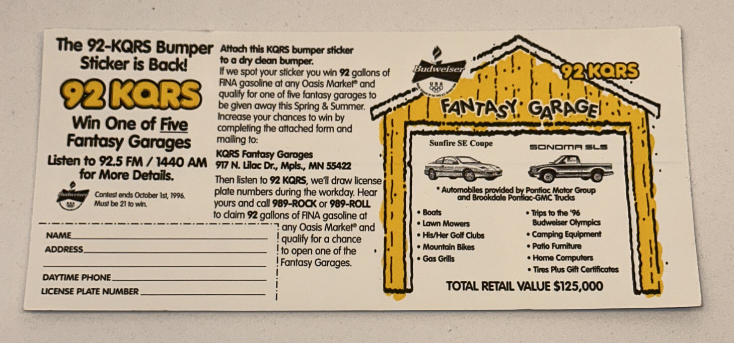 Minnesota KQRS 92 FM Radio Bumper Sticker Rock Roll Fantasy Garage Winner 1996