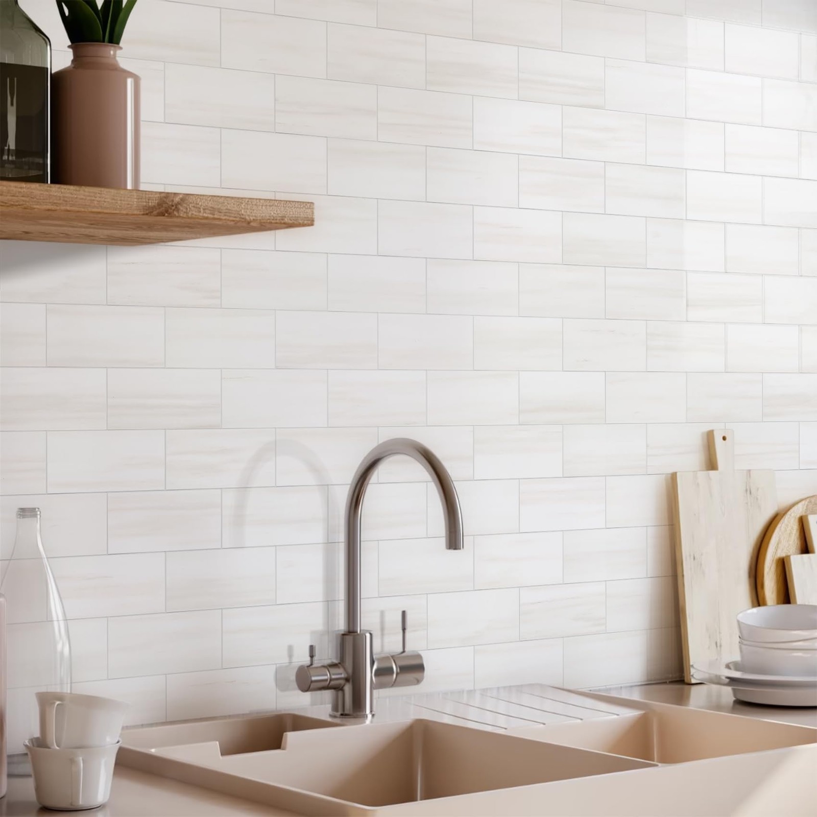 100-Piece Glossy Dolomite White Peel and Stick Backsplash Tile,3"x6" PVC Su…