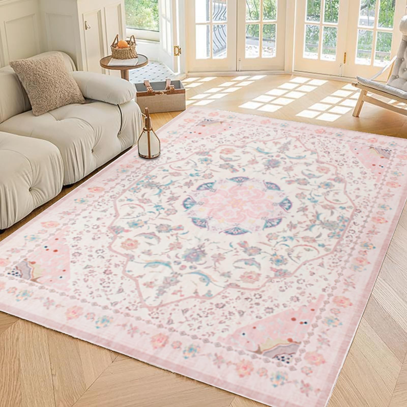 Area Rug – Vintage 5×7 Non-Slip Backing Area Rugs Light Pink Soft Faux Wool C…