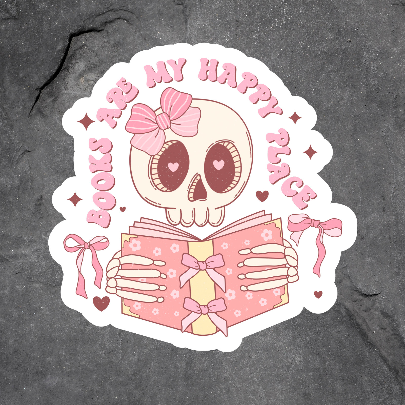 Books are my happy place sticker vinyl decal kawaii skeleton bookish design