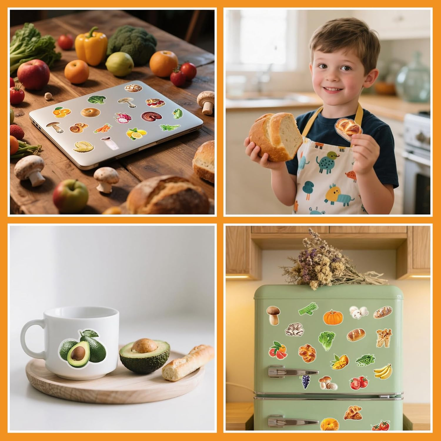 200Pcs Transparent Food Stickers – Fruit, Vegetable, Bread, Mushroom Decals