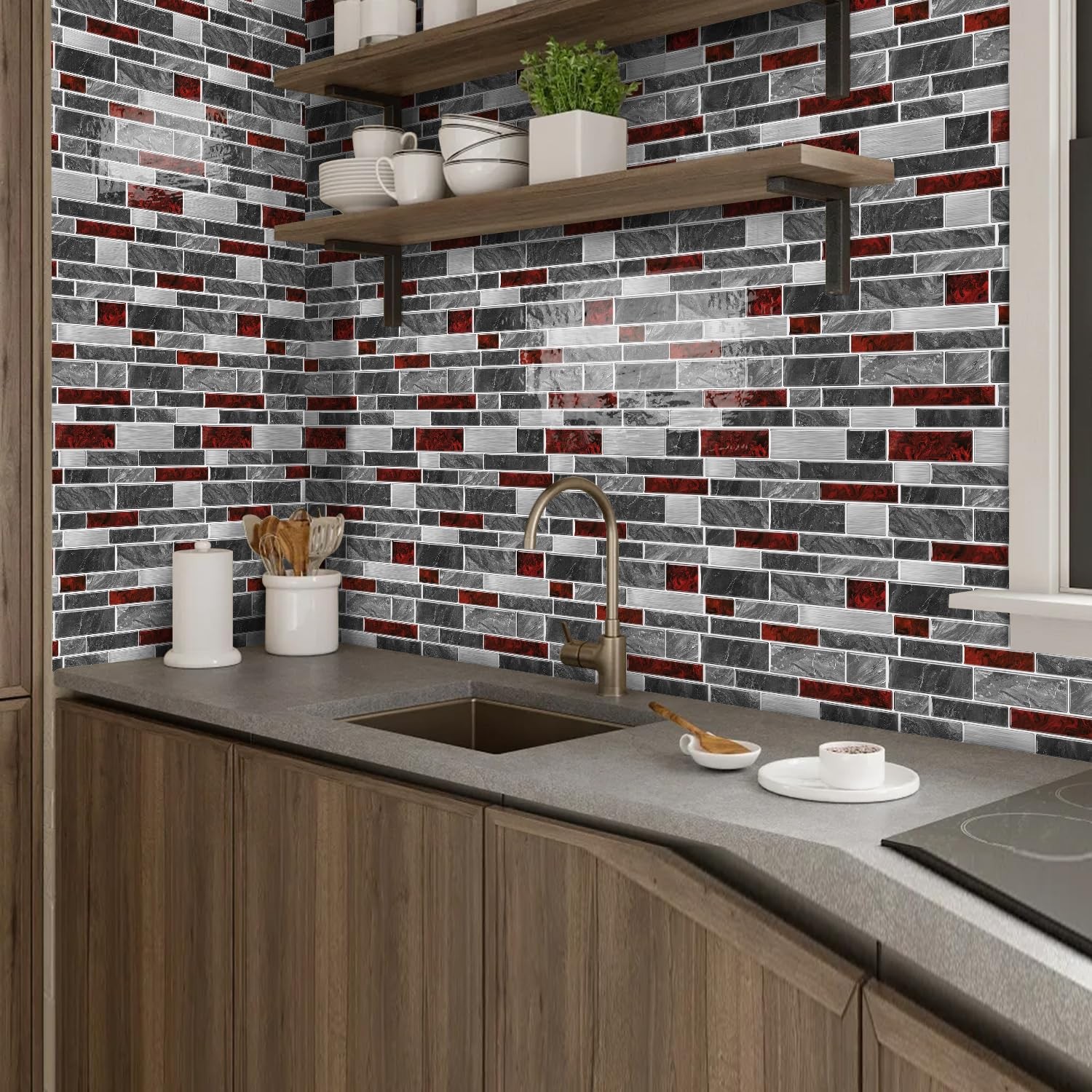 10 Sheets 12" x12inch Black and Red Marble Effect Vinyl Tiles, Backsplash, Se…
