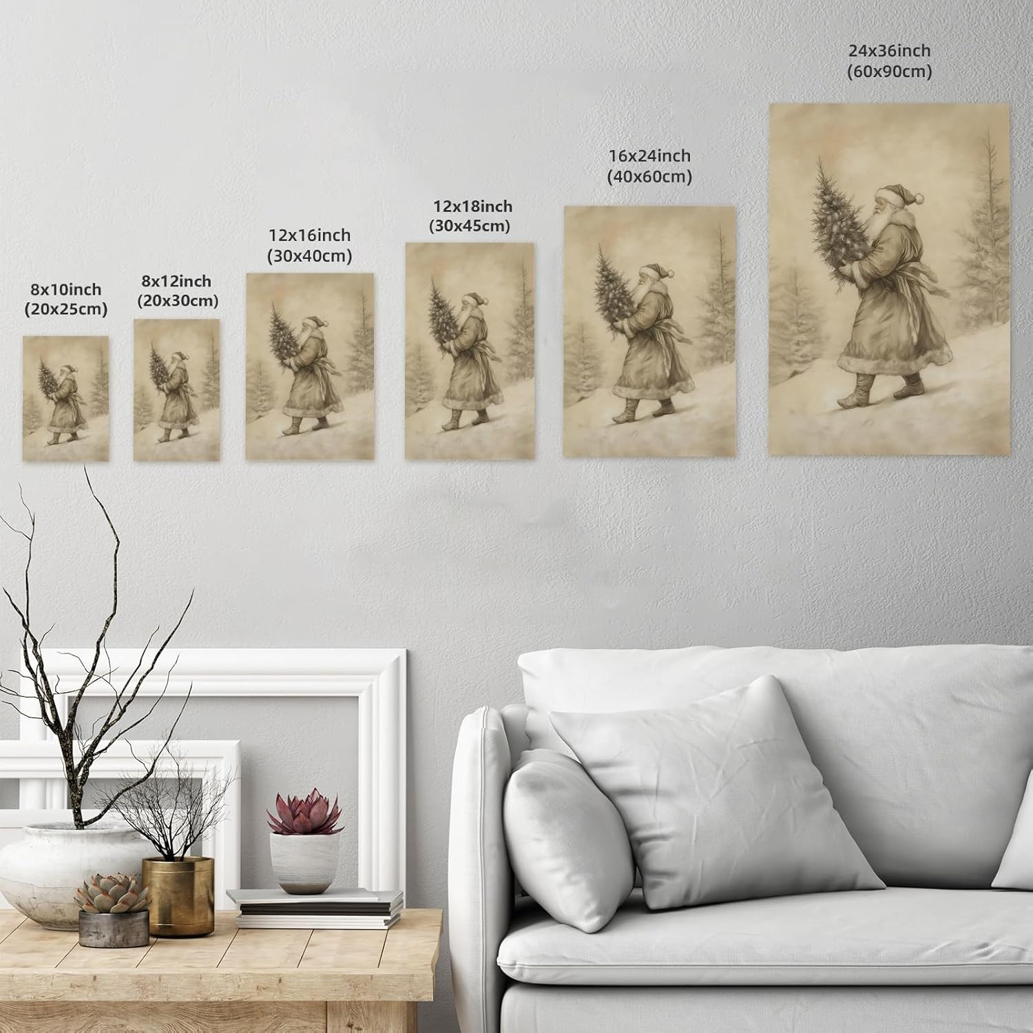 Vintage Christmas Wall Art Neutral Sketch Santa Claus Holding Tree Poster Farmho