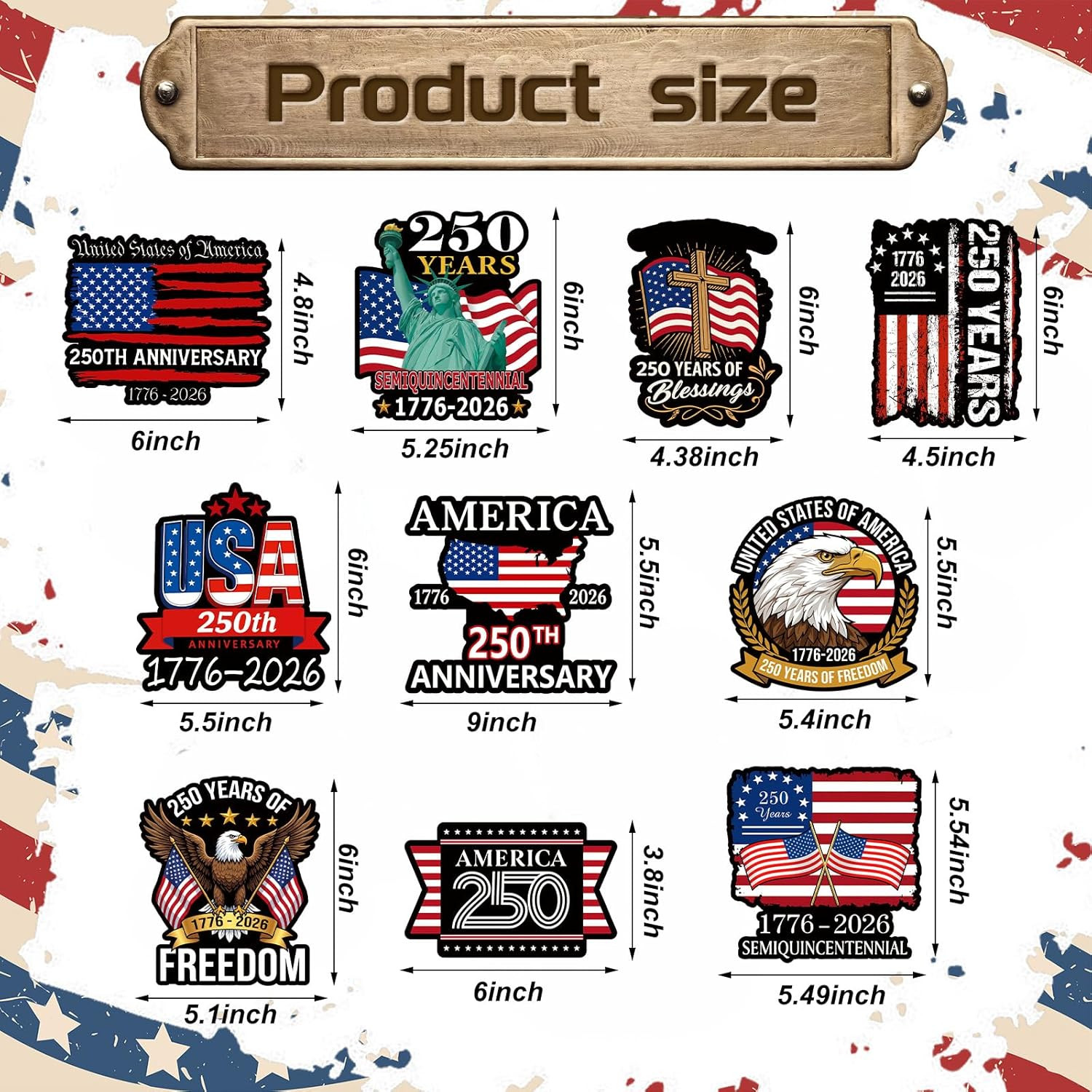 10 Pcs 250Th Anniversary Car Magnetic Sticker 1776-2026 Patriotic Flag Freedom E