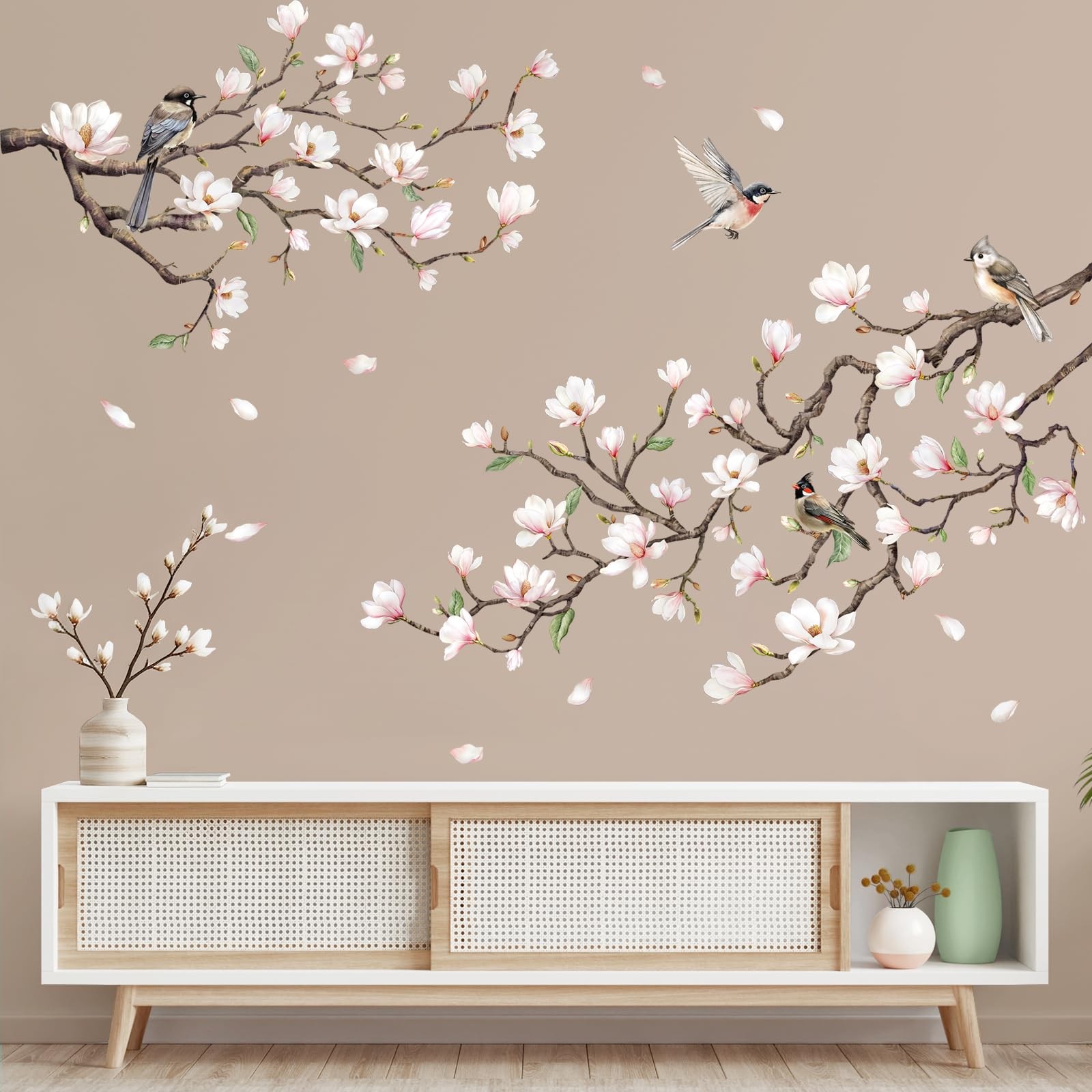 White Magnolia Tree Wall Decals, Trees Flowers Wall Stickers Peel and Stick W…