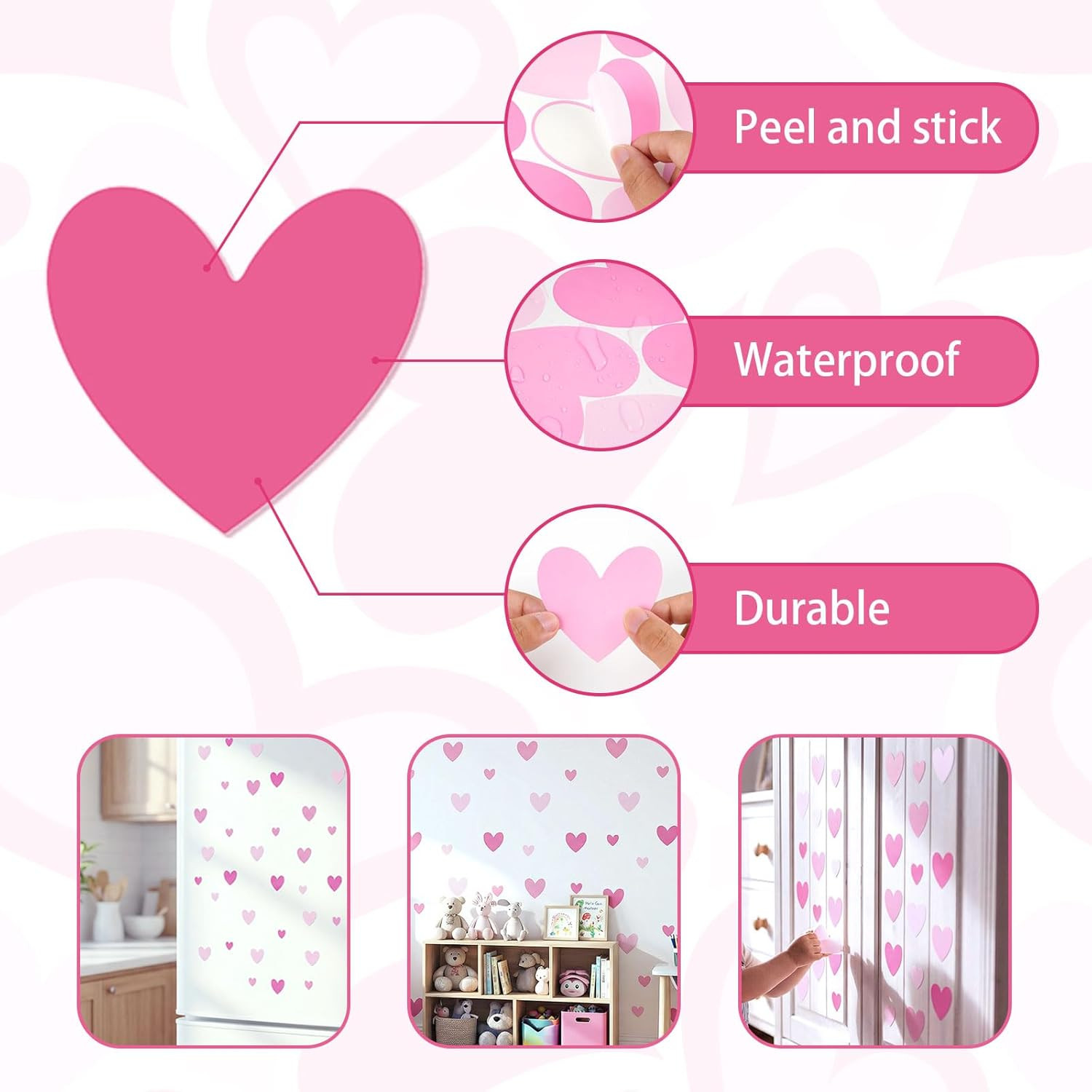 170 Pcs Heart Wall Decals – Peel and Stick Pink Decor for Girl Bedroom, Nursery,