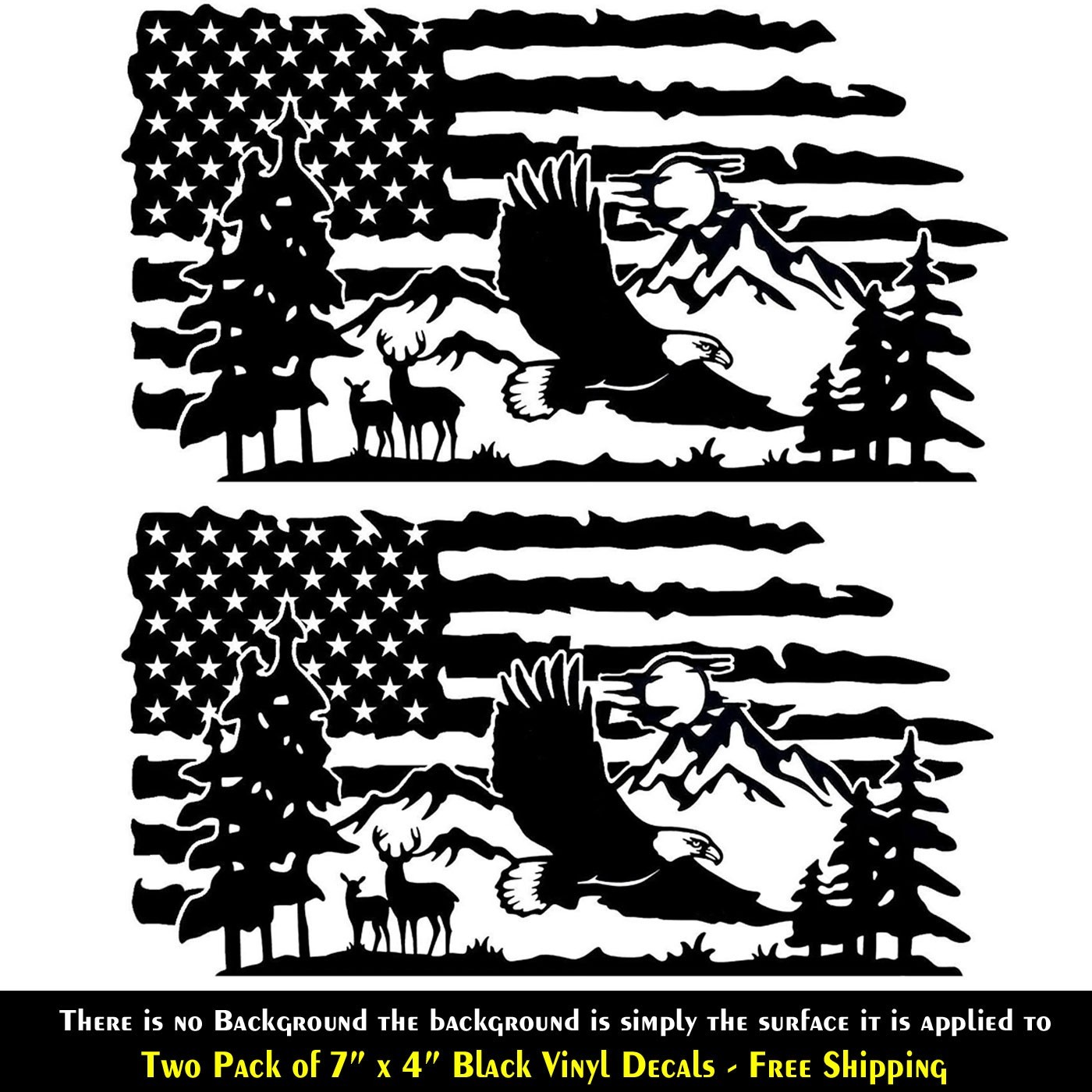 Eagle Deer Mountains American Flag Two 7" Black Decals Vehicle Any Flat Surface