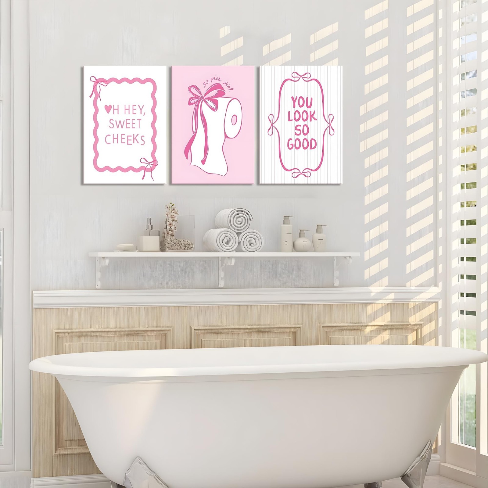 JBZDD 3Pcs Pink Bow Bathroom Canvas Wall Art Bowknot Coquette Posters Prints …