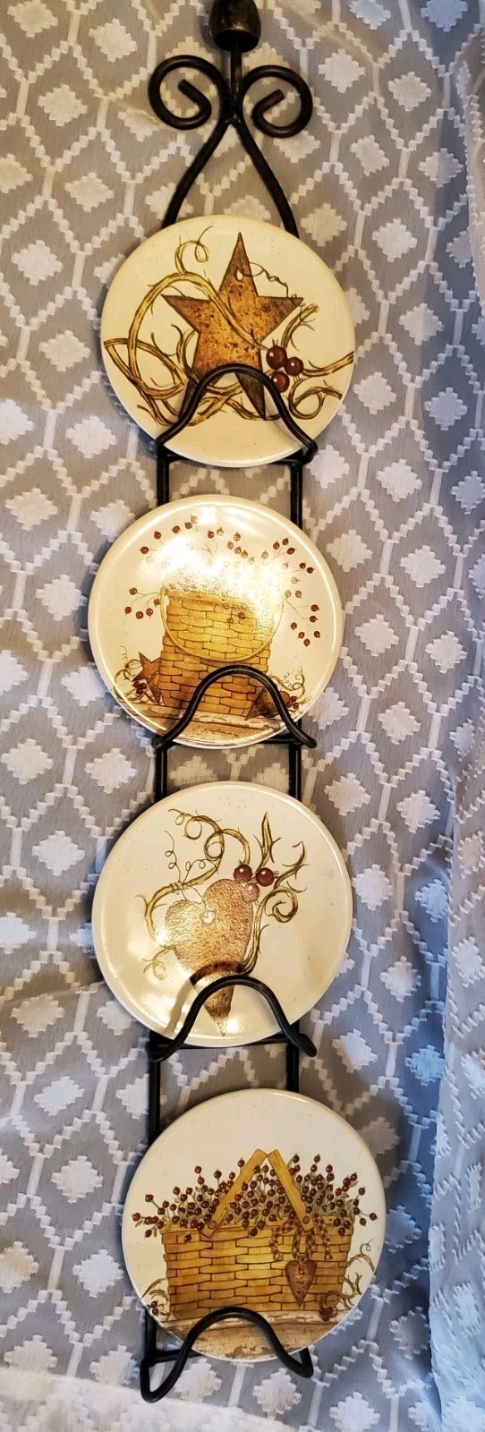 Small Primative Pottery Plates With Black Iron Rack