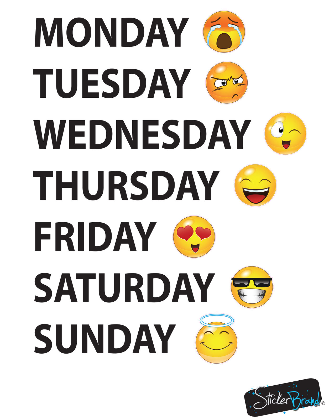 Days of the Week Emoticon Calendar Wall Decal Sticker #6071 Monday thru Sunday