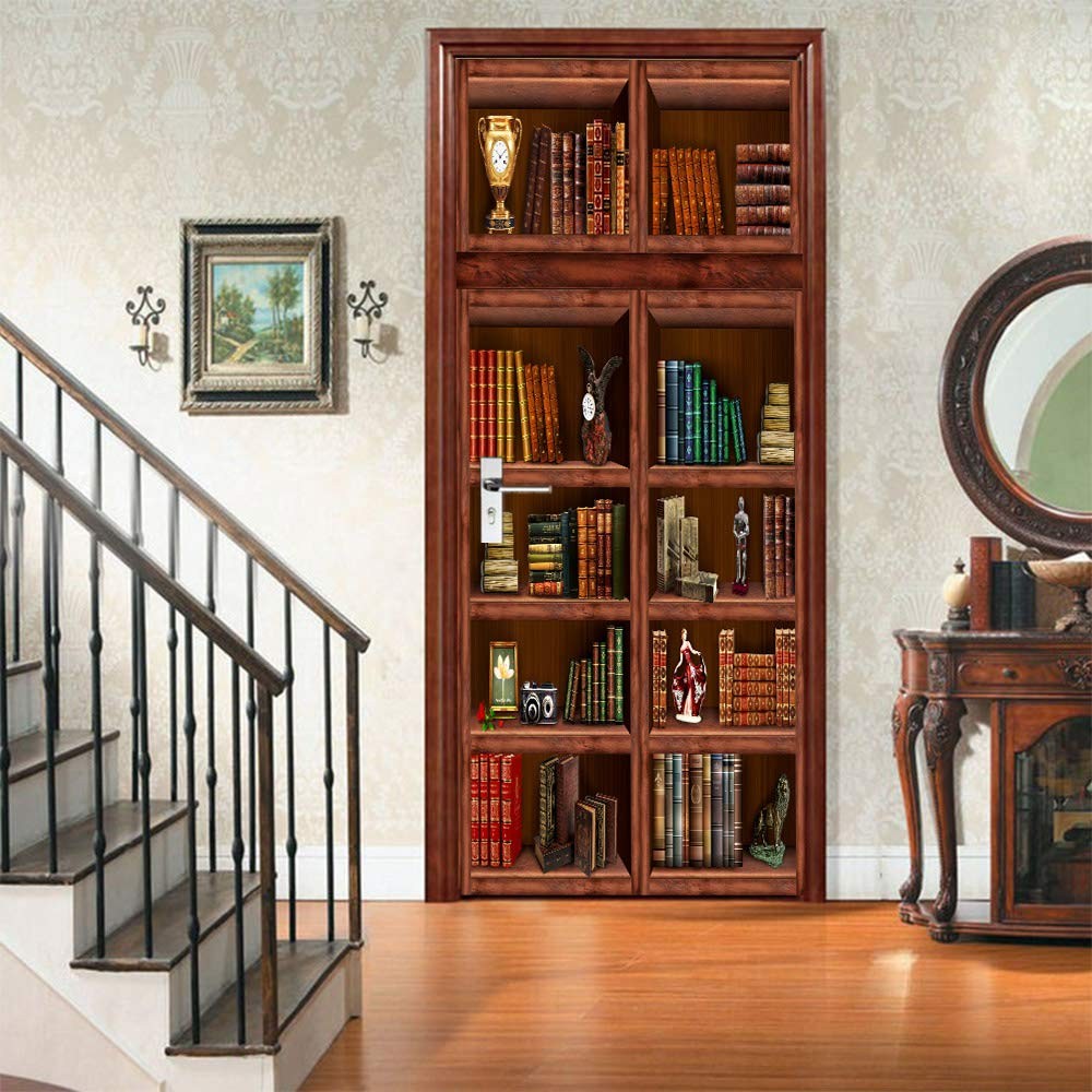 3D Book Shelf Door Mural Wallpaper Stickers -Adhesive Decor Removable for Hom…
