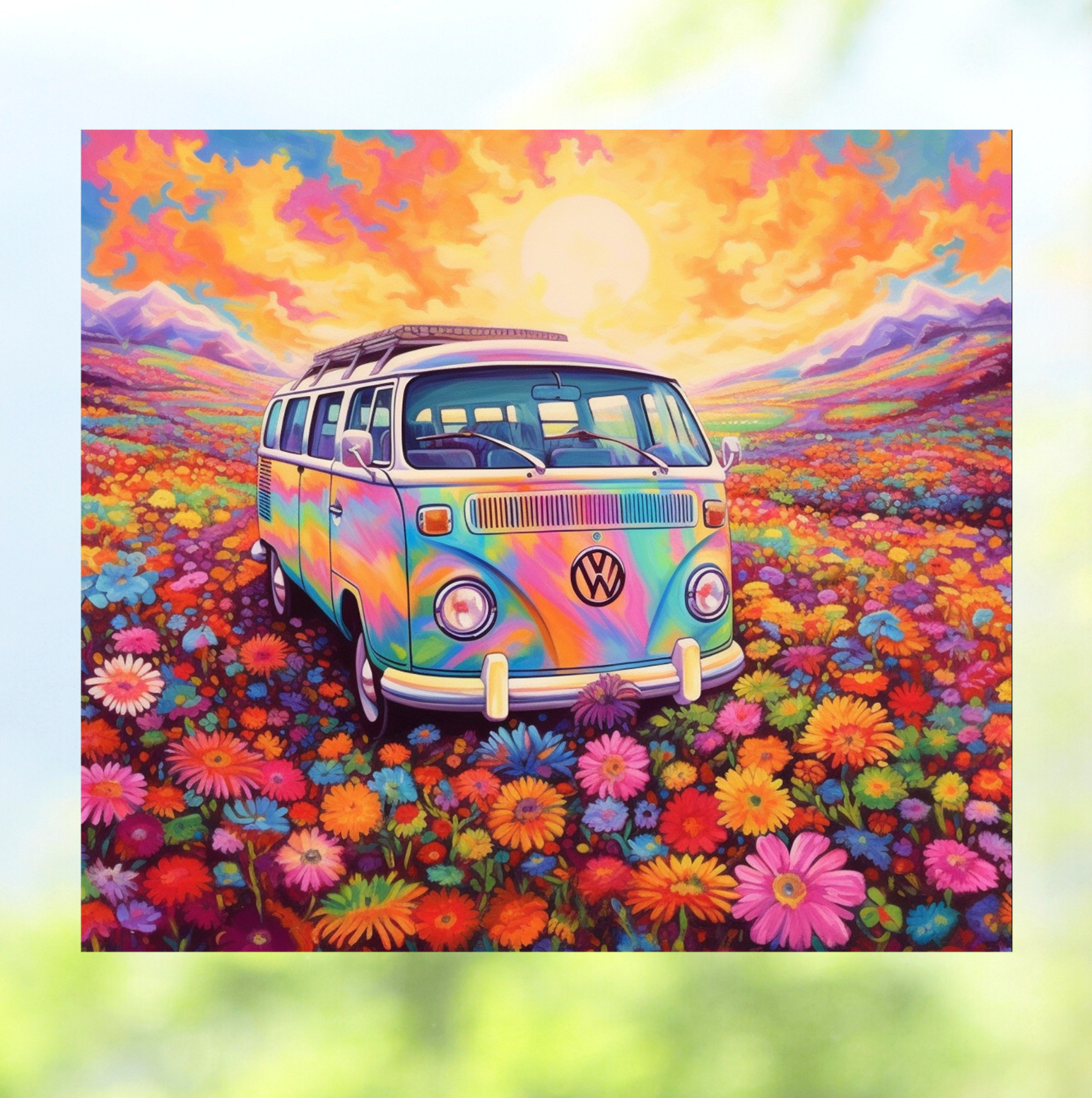 Hippie Van ~ Sunset & Flowers 70's Style WINDOW CLING Size 9.1" Vinyl
