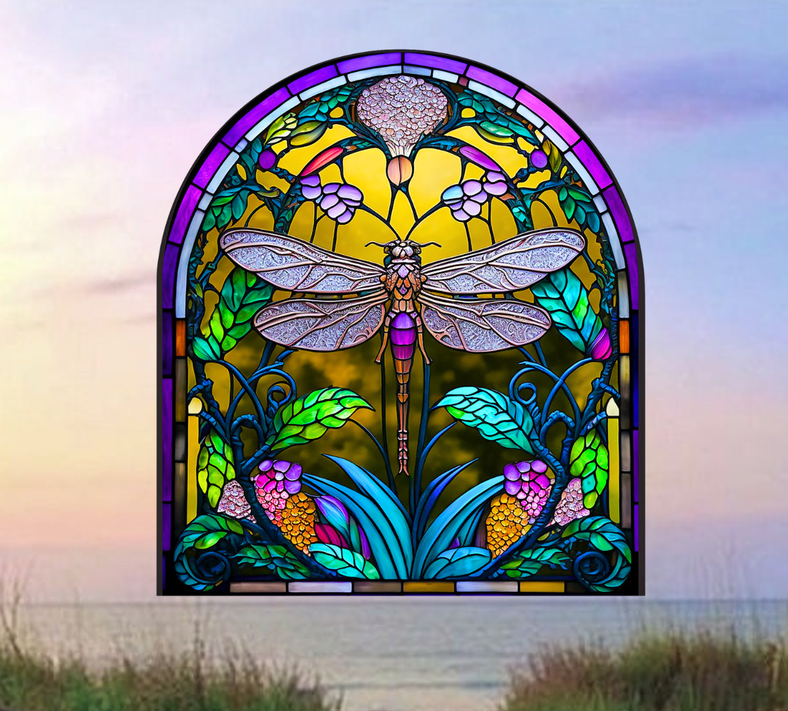Dragonfly Faux Stained-Glass WINDOW CLING Size 9" Arch Shaped Vinyl