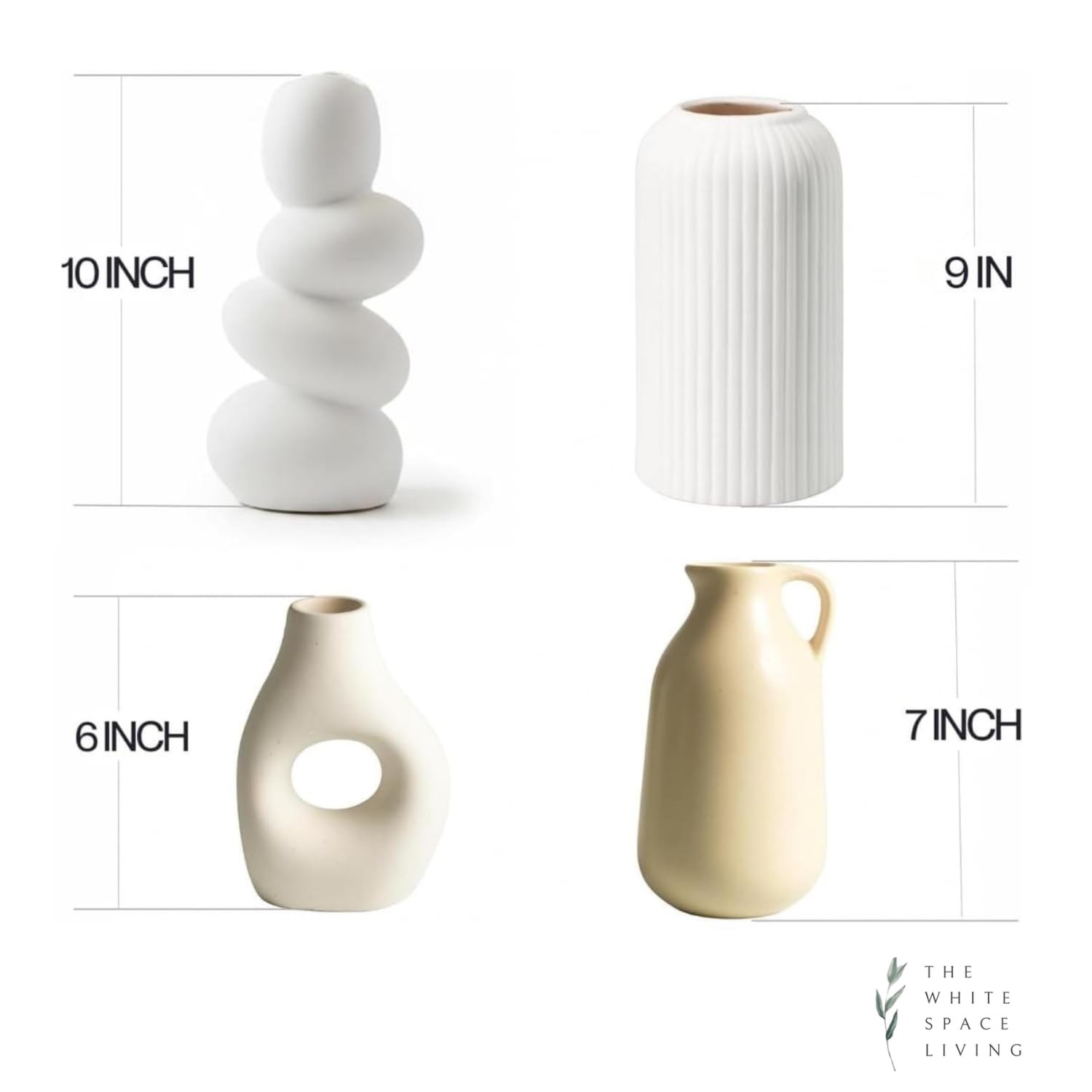 Set of 4 Ceramic Vases for Home Decor | White & Beige Modern Minimalist Vase Set
