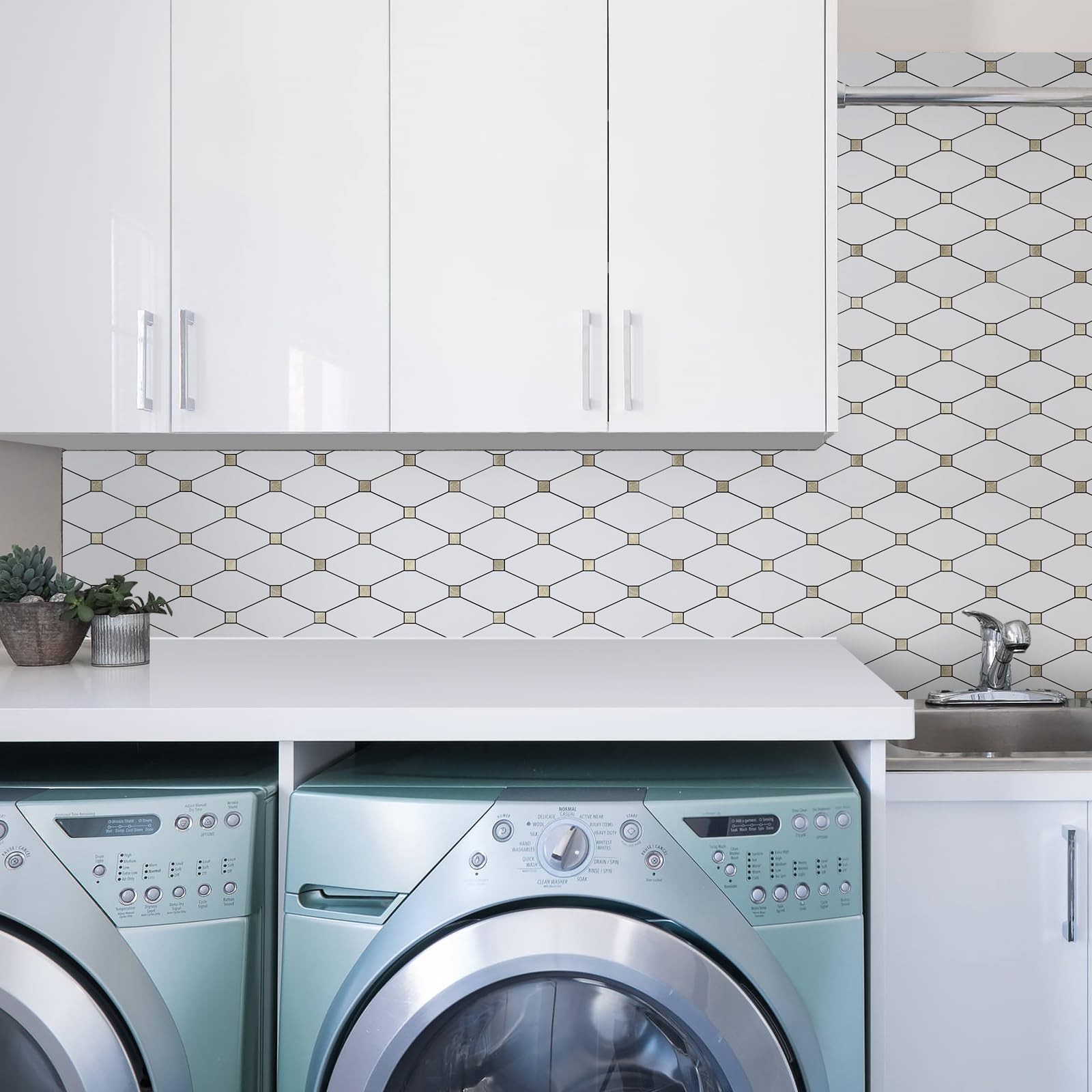 10 Sheets Peel and Stick Backsplash, Pure White Marble Look PVC Mixed Metal G…