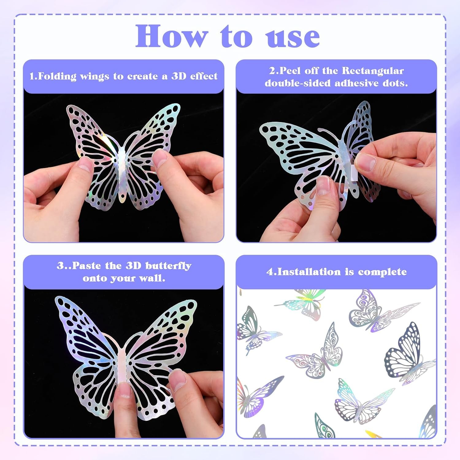 48Pcs 3D Butterfly Wall Stickers Silver Laser Decals Wedding Cake Party Decor