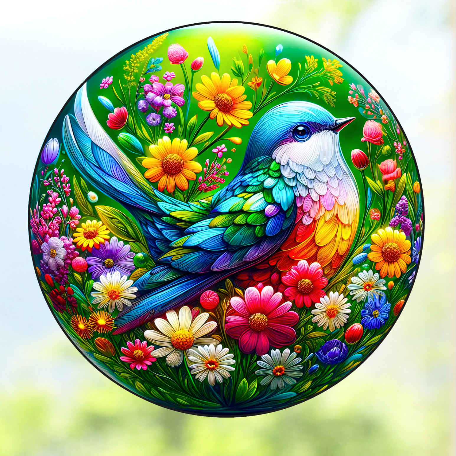 Pretty Bird & Daisy Flowers WINDOW CLING Sun-catcher Size 8" Round